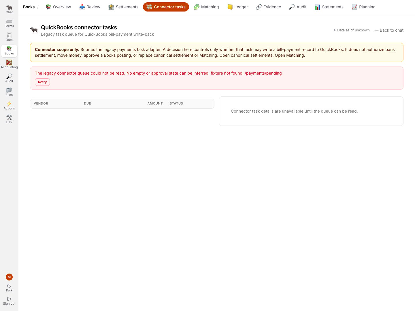 The current legacy connector-task page refusing a missing demo response and naming its limited authority