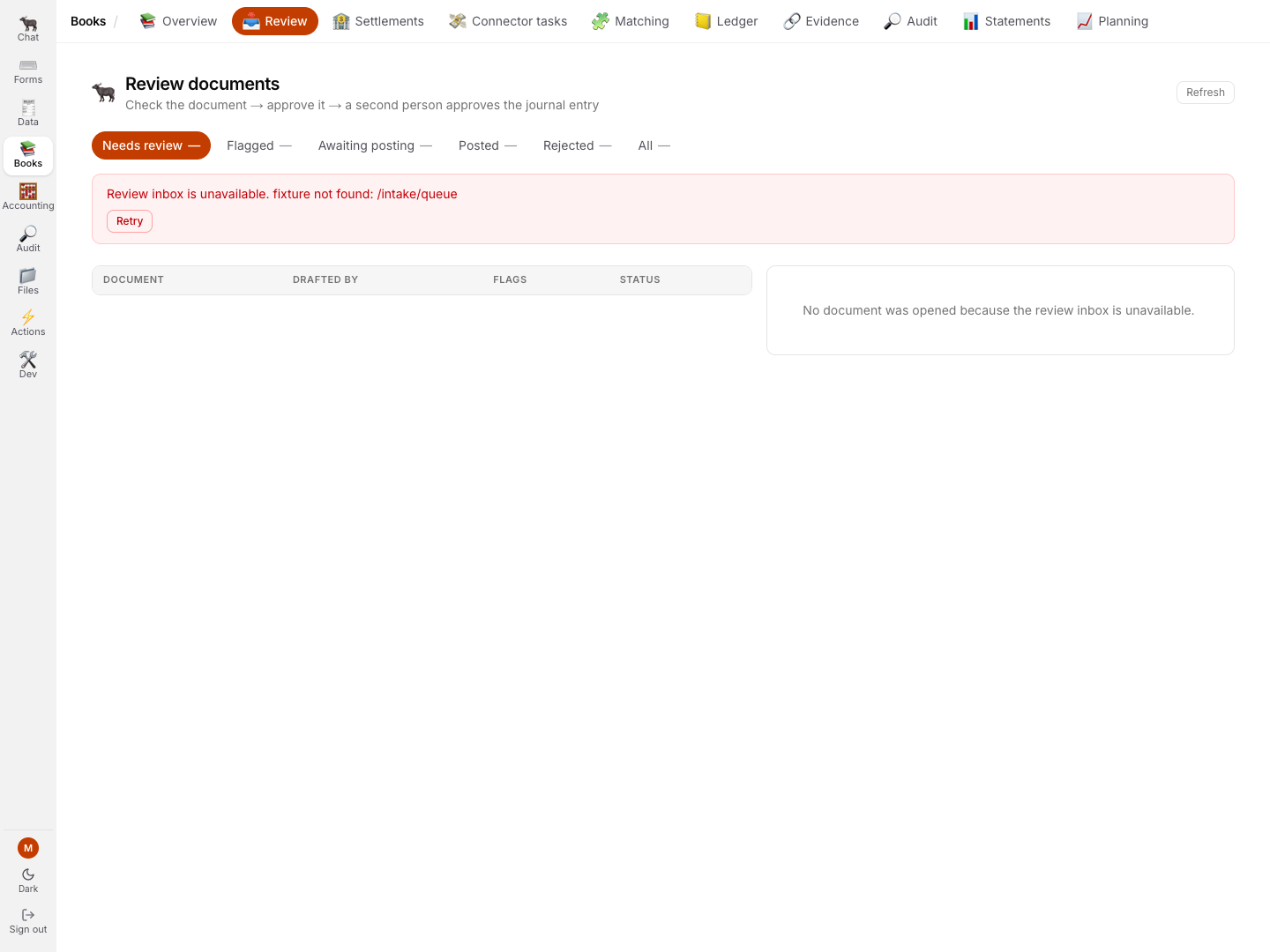 The current GreatBook review inbox refusing a missing demo response rather than showing an empty actionable queue