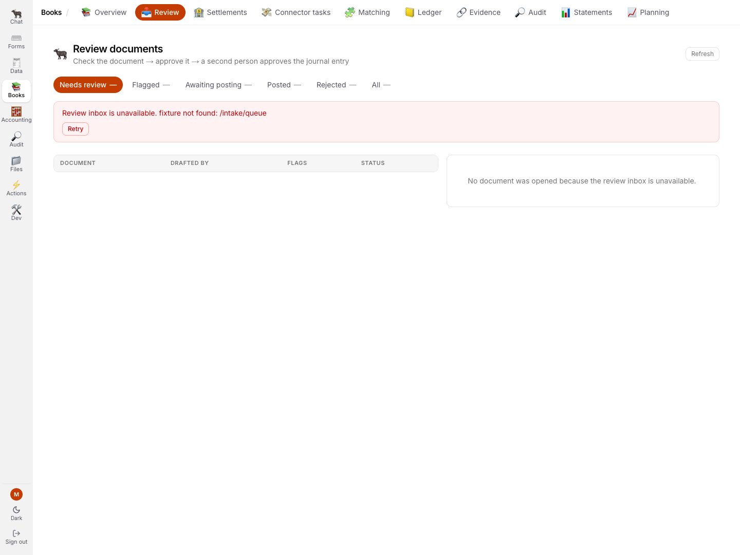 The current GreatBook review inbox refusing a missing demo response rather than showing an empty actionable queue