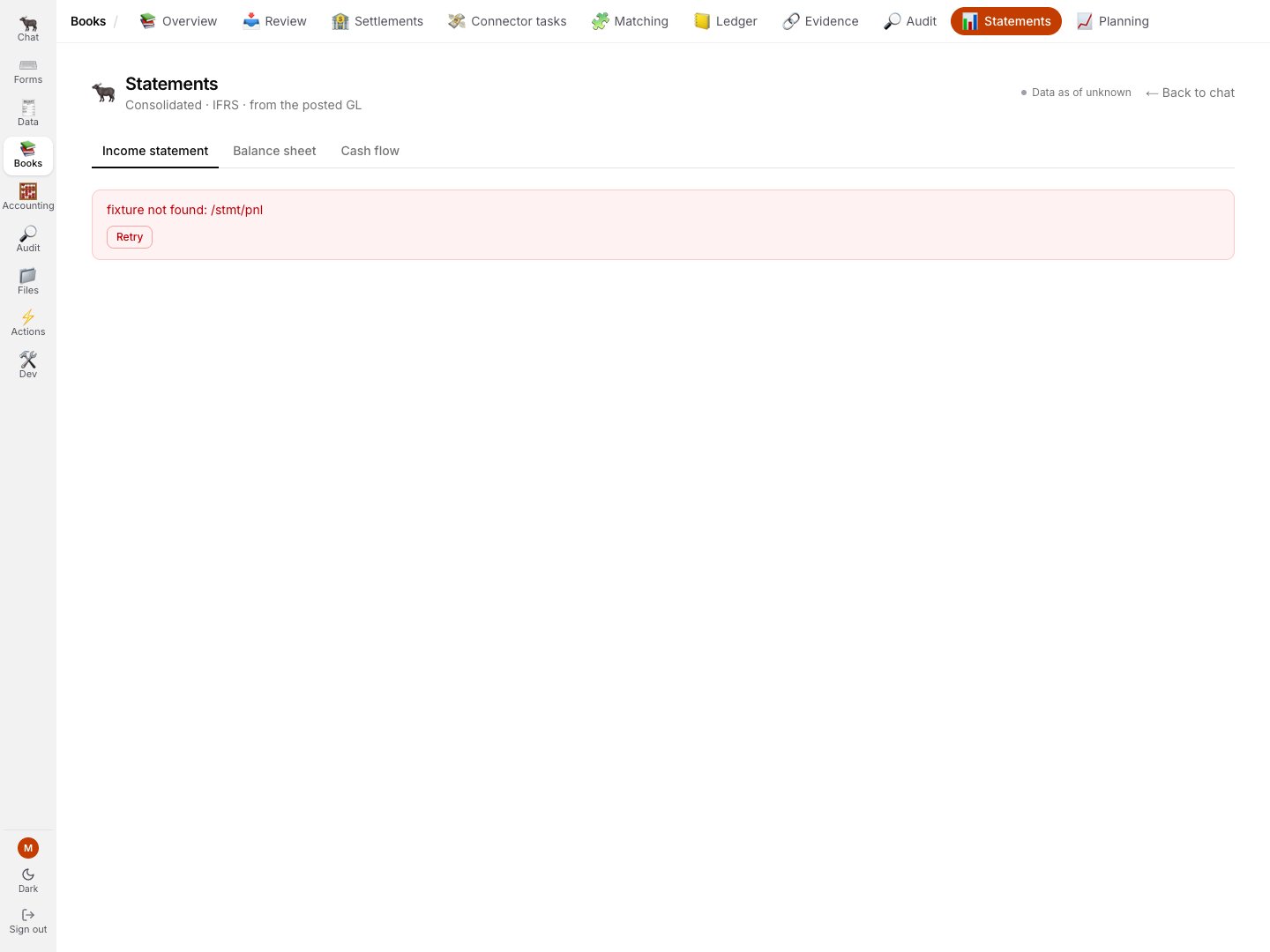 The current GreatBook Statements page refusing a missing demo response rather than rendering zero-valued statements