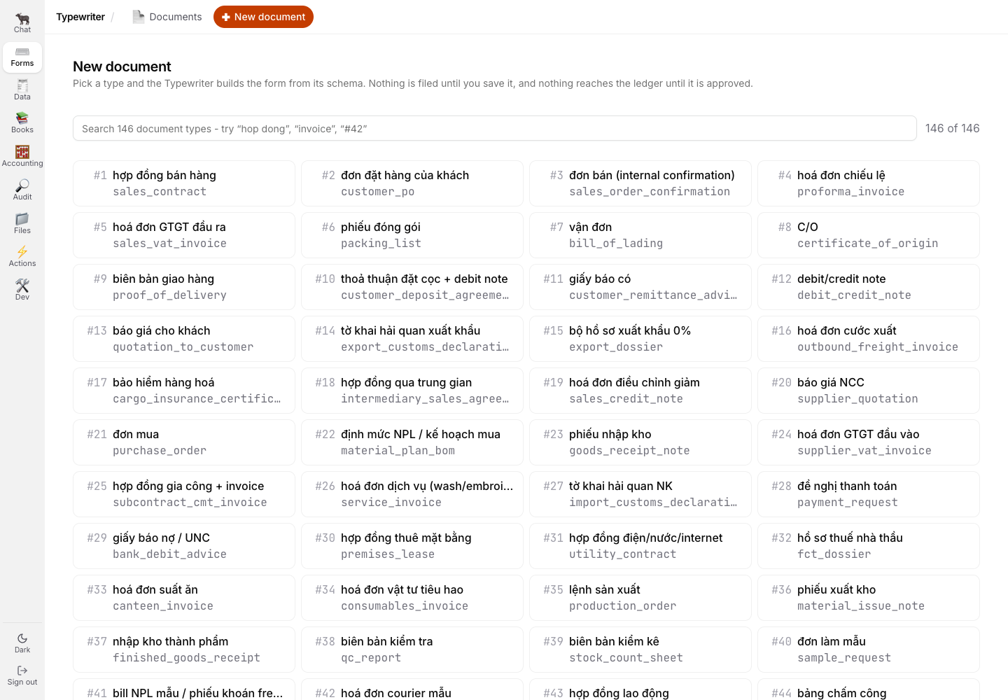 The document type picker showing all 146 types
