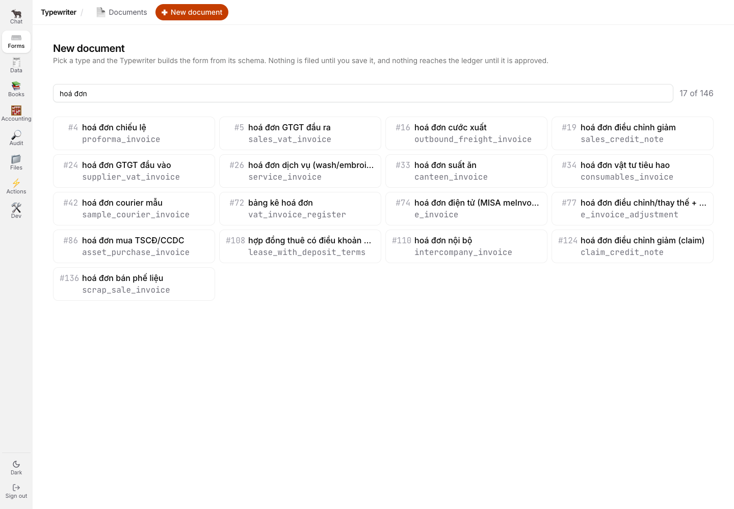 The document type picker filtered by a Vietnamese search term