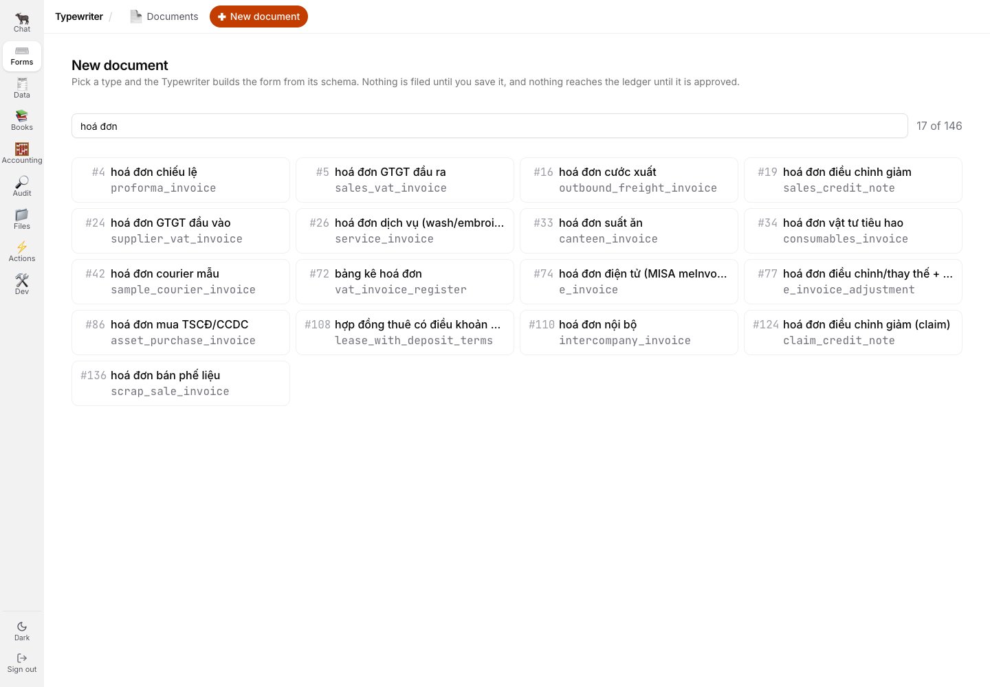 The document type picker filtered by a Vietnamese search term