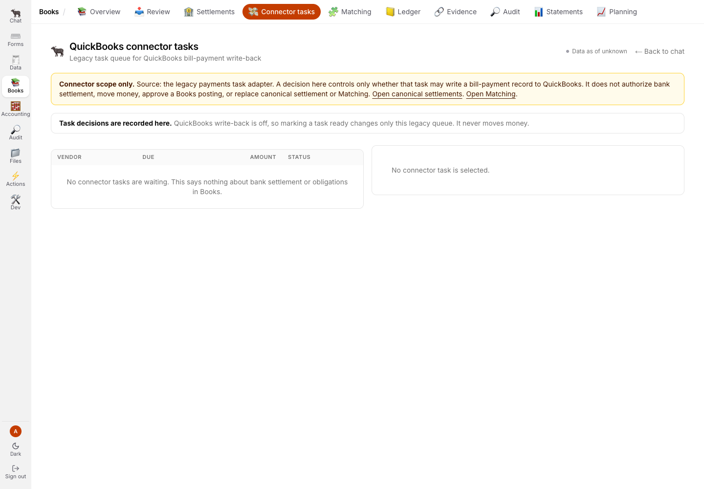 Connector tasks tab showing read-only scope, write-back off, and no returned tasks