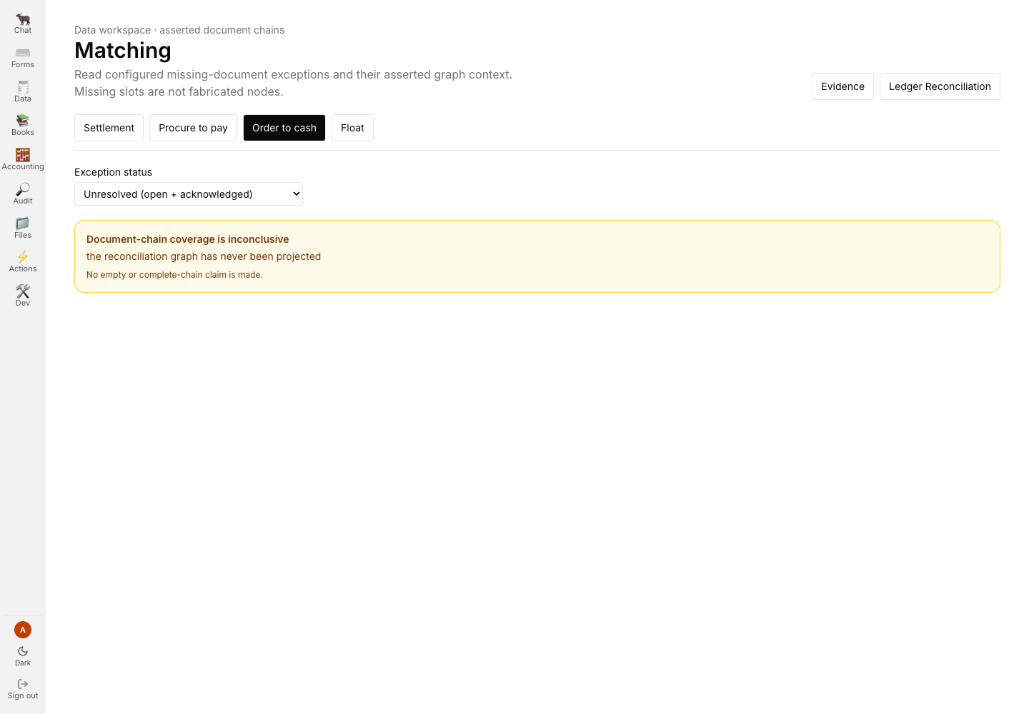 Order-to-cash matching facet showing chain coverage as inconclusive