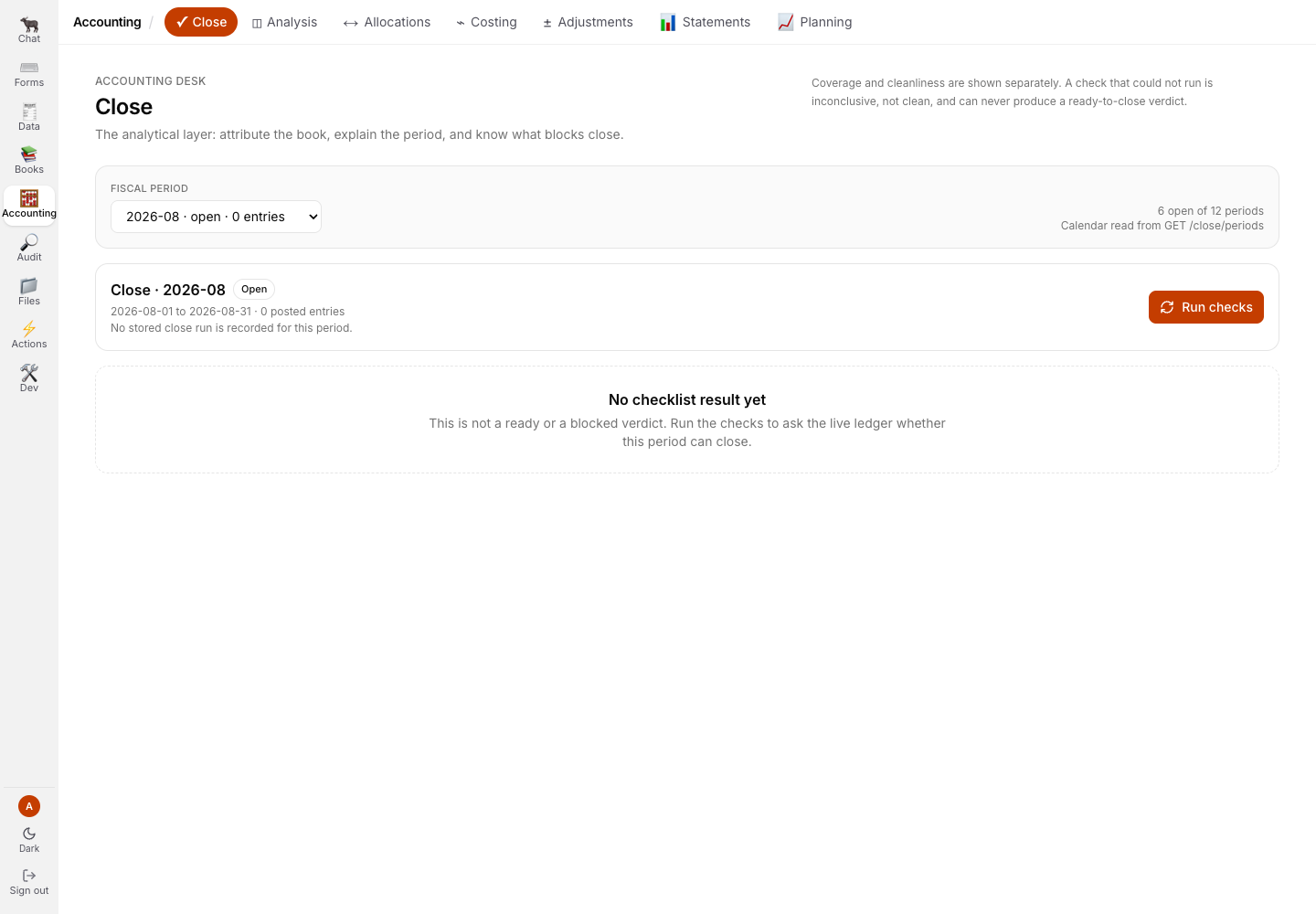 Accounting Close tab with no checklist result and no ready verdict