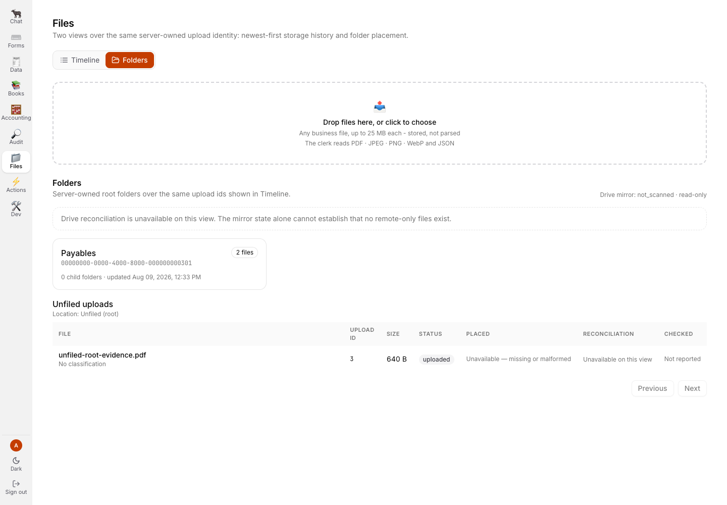 Files Folders view showing a payables folder, an unfiled upload, and unavailable reconciliation