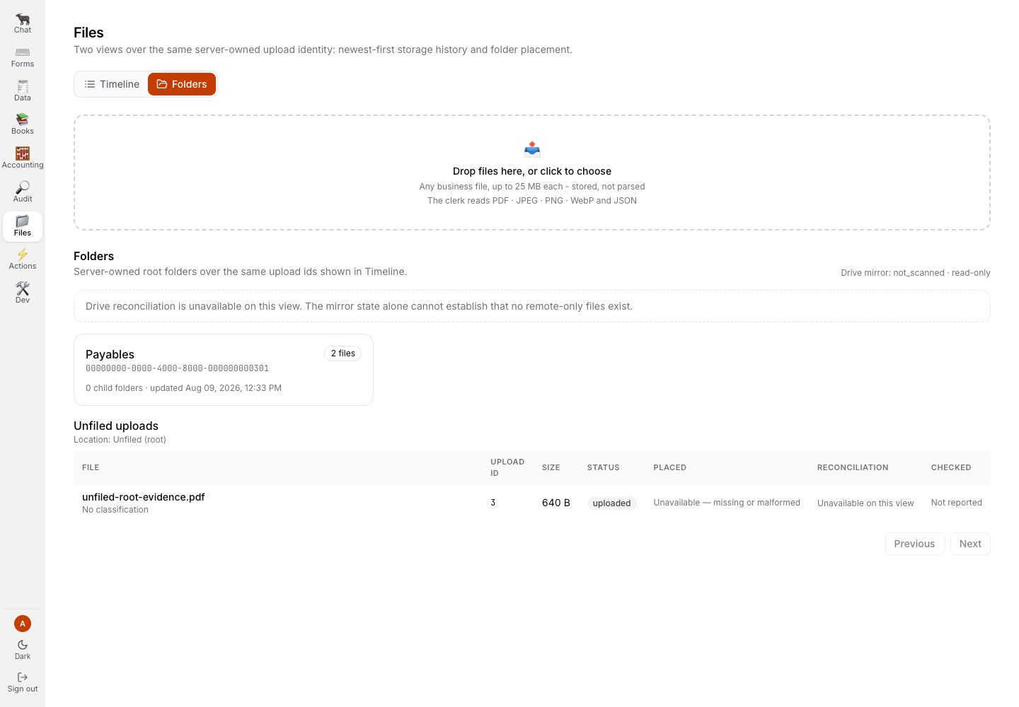 Files Folders view showing a payables folder, an unfiled upload, and unavailable reconciliation