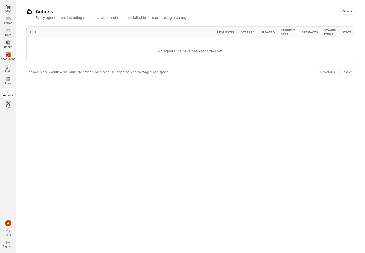 Actions agent-run inbox with zero returned runs