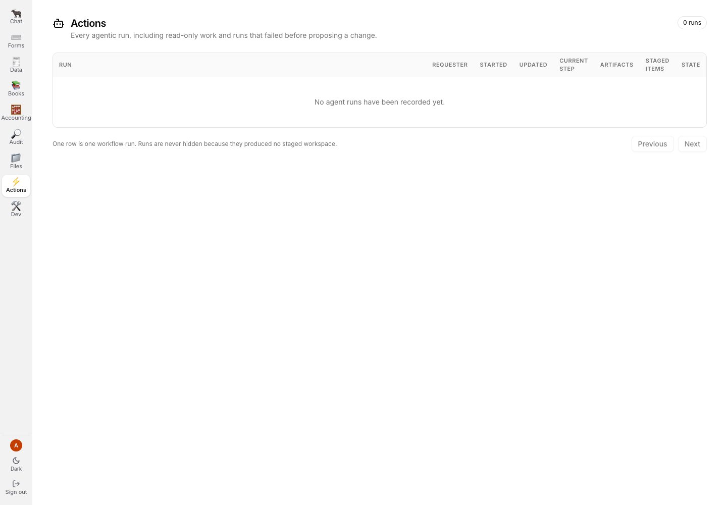 Actions agent-run inbox with zero returned runs