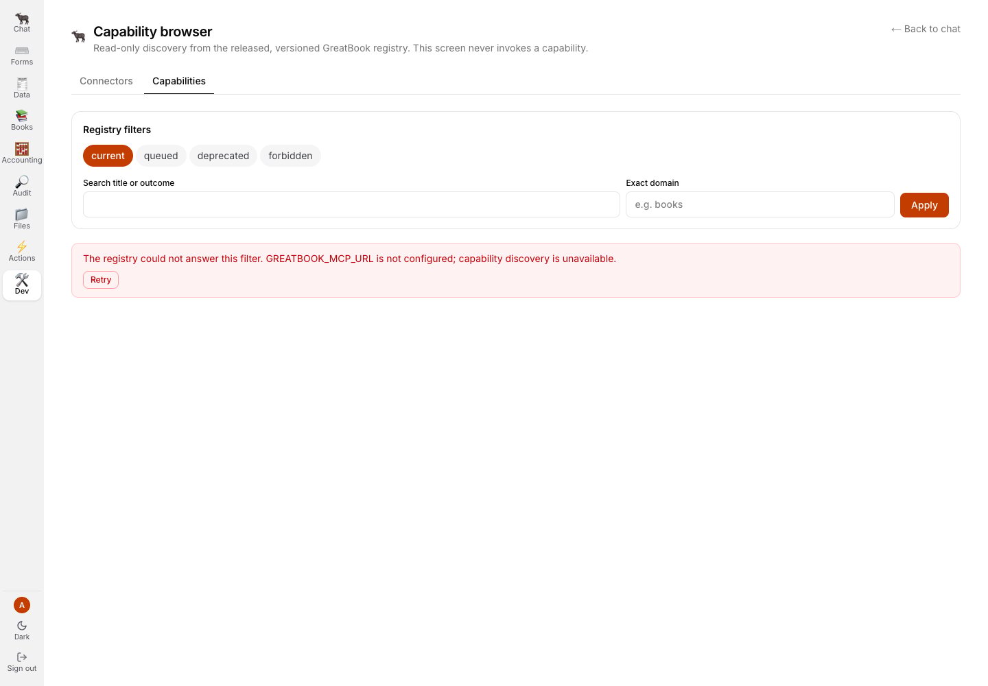 Dev capability browser showing registry discovery as unavailable