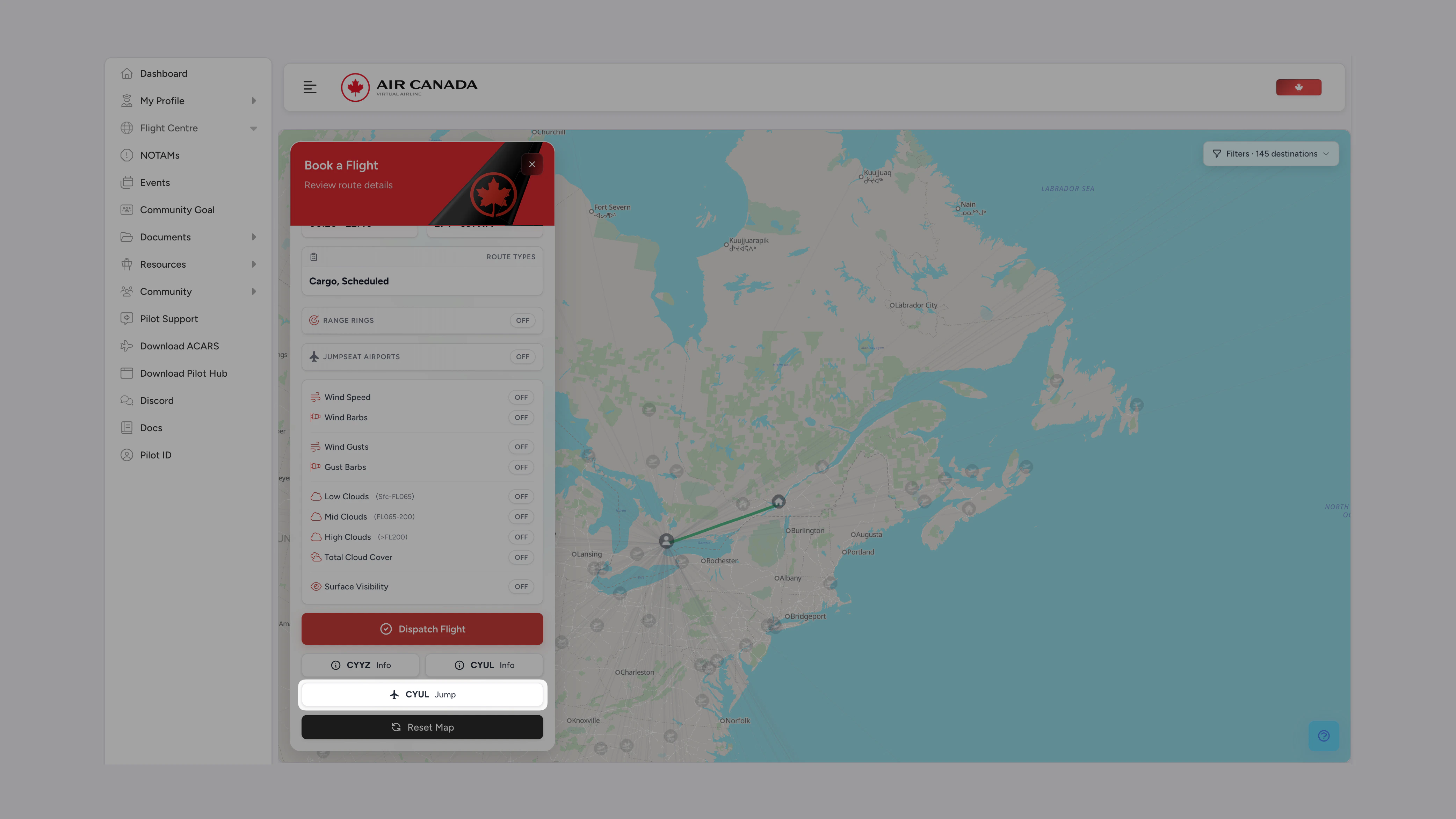 Bouton strapontin au bas de la barre latérale Book a Flight dans Pilot Hub