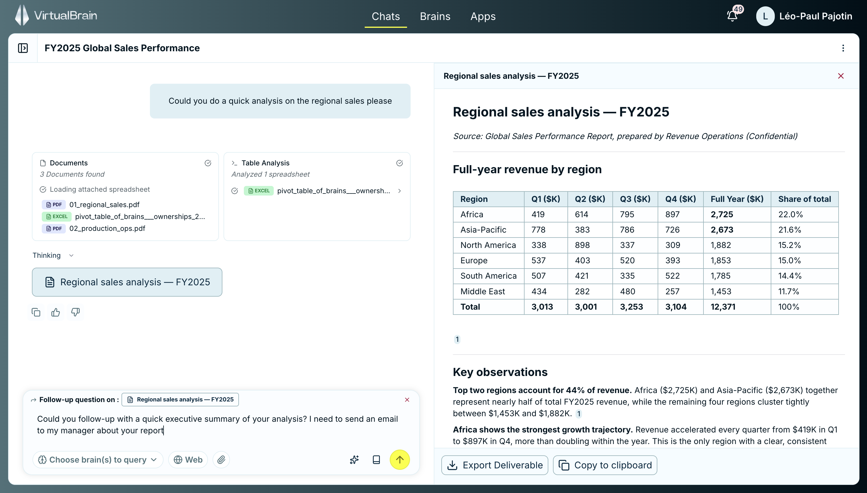 A chat with a regional sales analysis open in the right-hand panel, and the input bar showing a Follow-up question on pill naming that deliverable