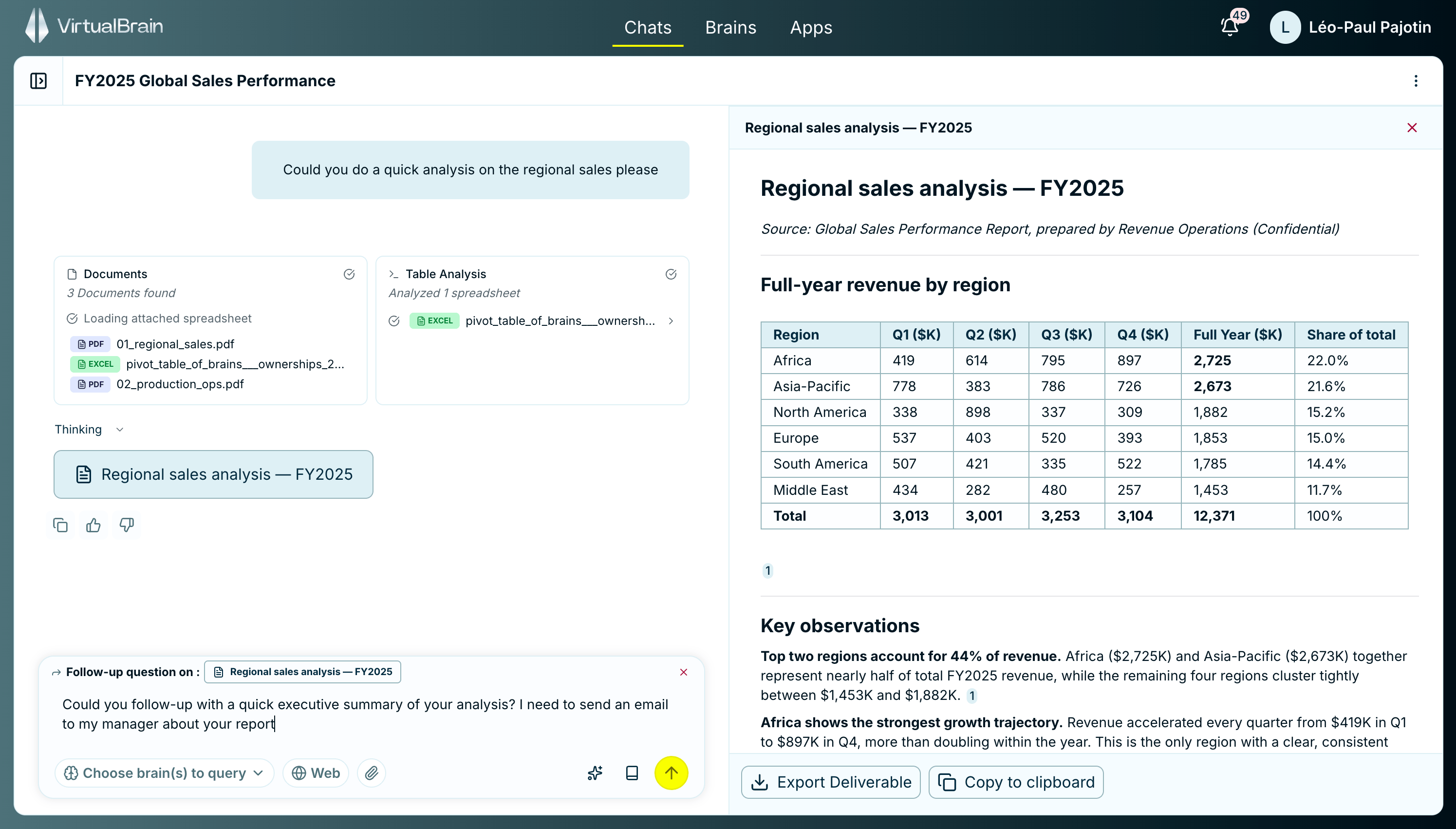 A chat with a regional sales analysis open in the right-hand panel, and the input bar showing a Follow-up question on pill naming that deliverable
