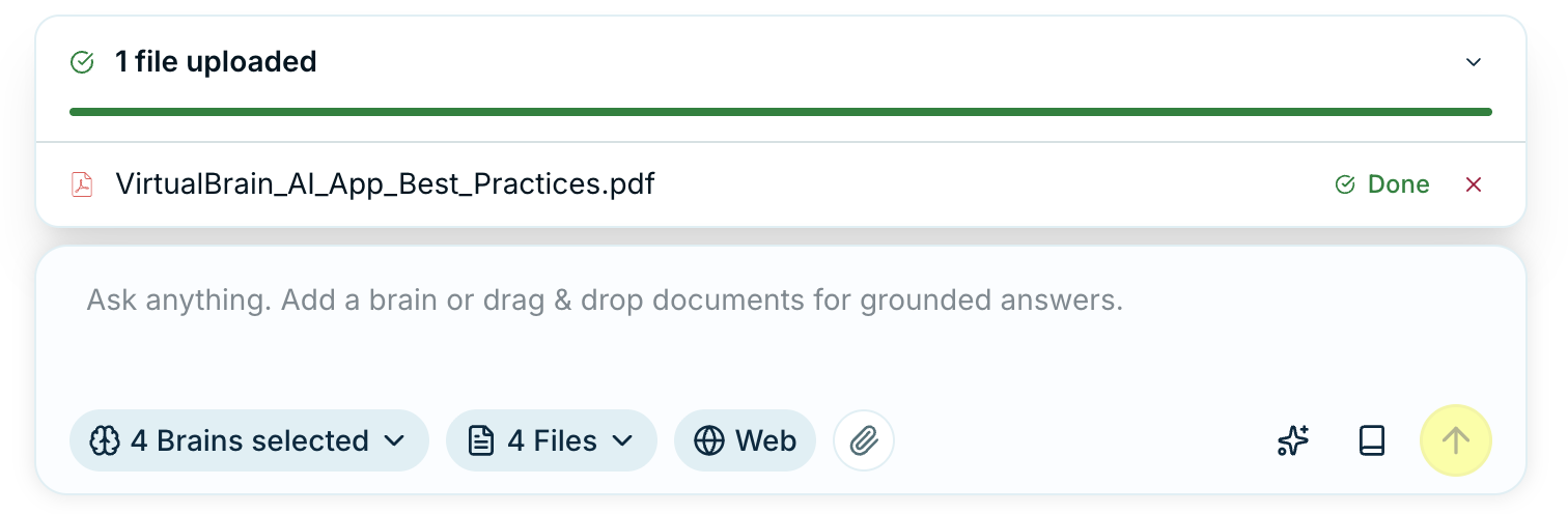 The VirtualBrain chat input bar with the Brain selector, file picker, and Web toggle