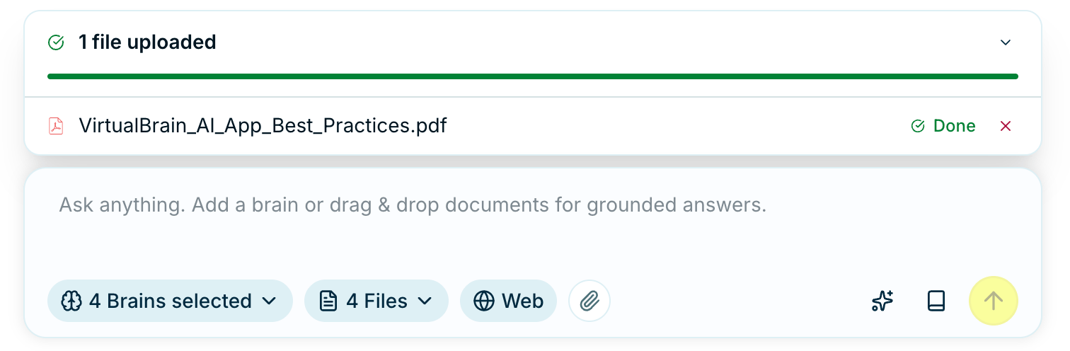 The VirtualBrain chat input bar with the Brain selector, file picker, and Web toggle