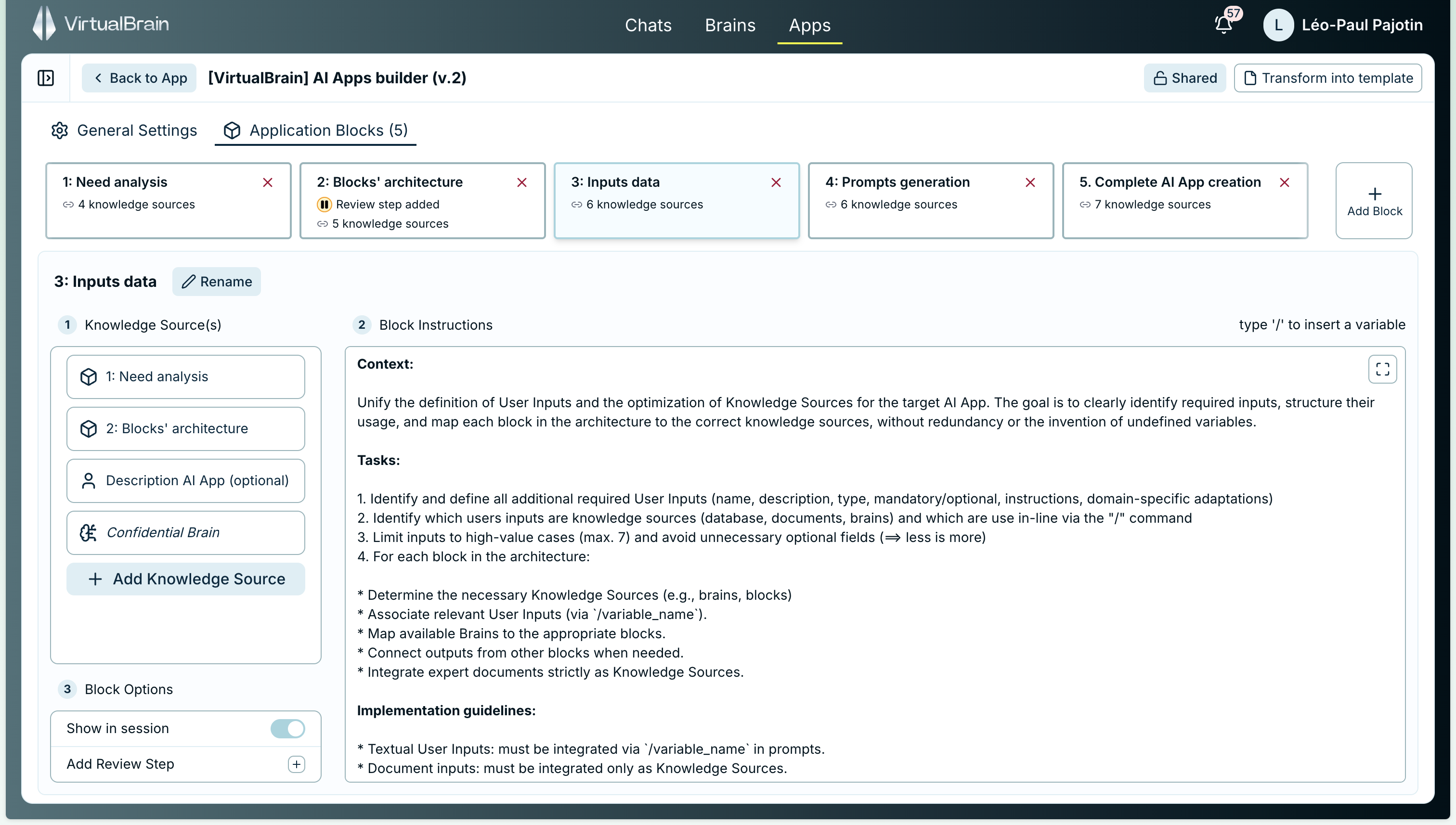 The App builder blocks tab showing a block's knowledge sources, instructions field, and block options