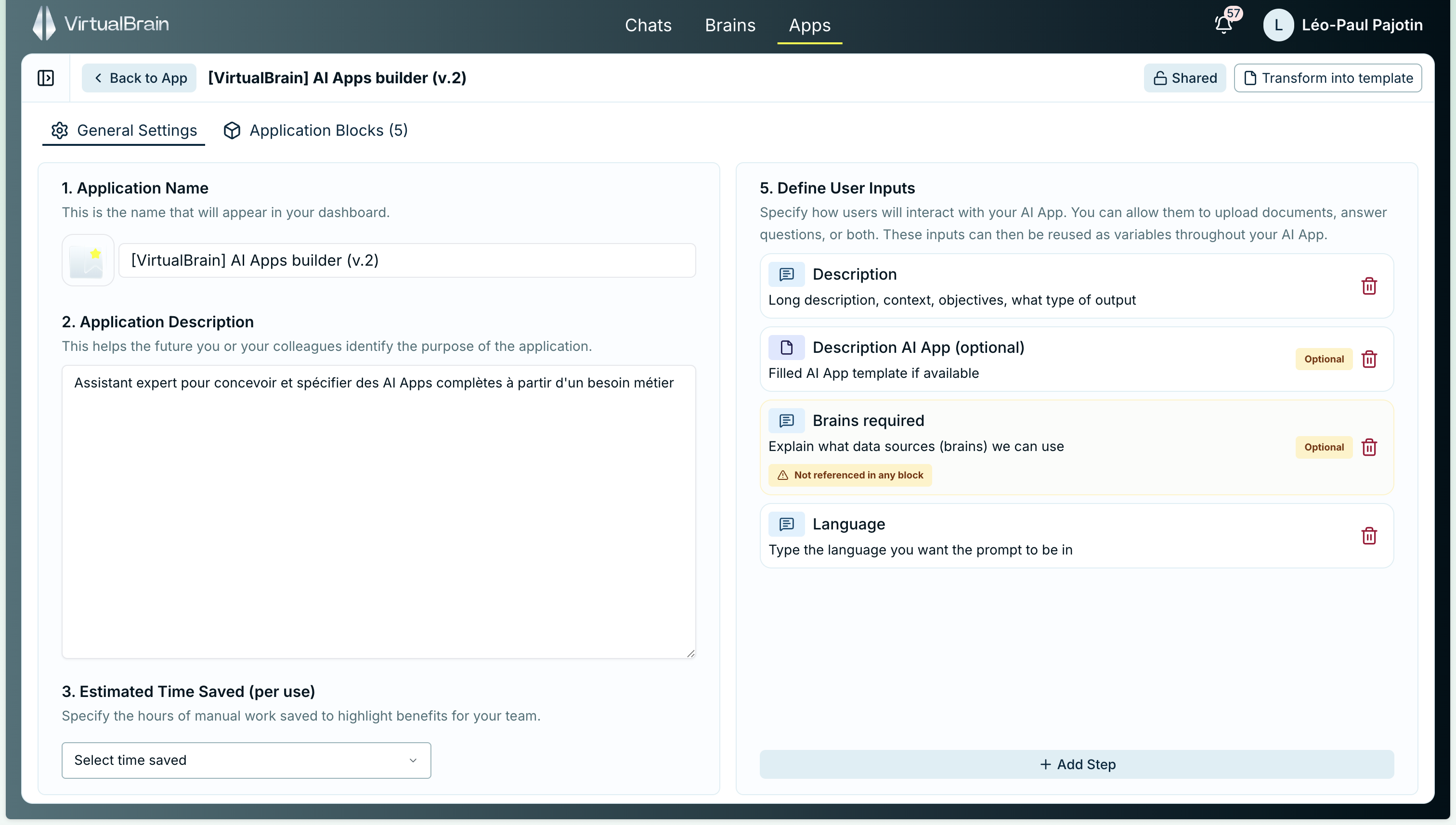 The App builder settings tab with name, description, estimated time saved, and configurable user inputs marked optional or mandatory