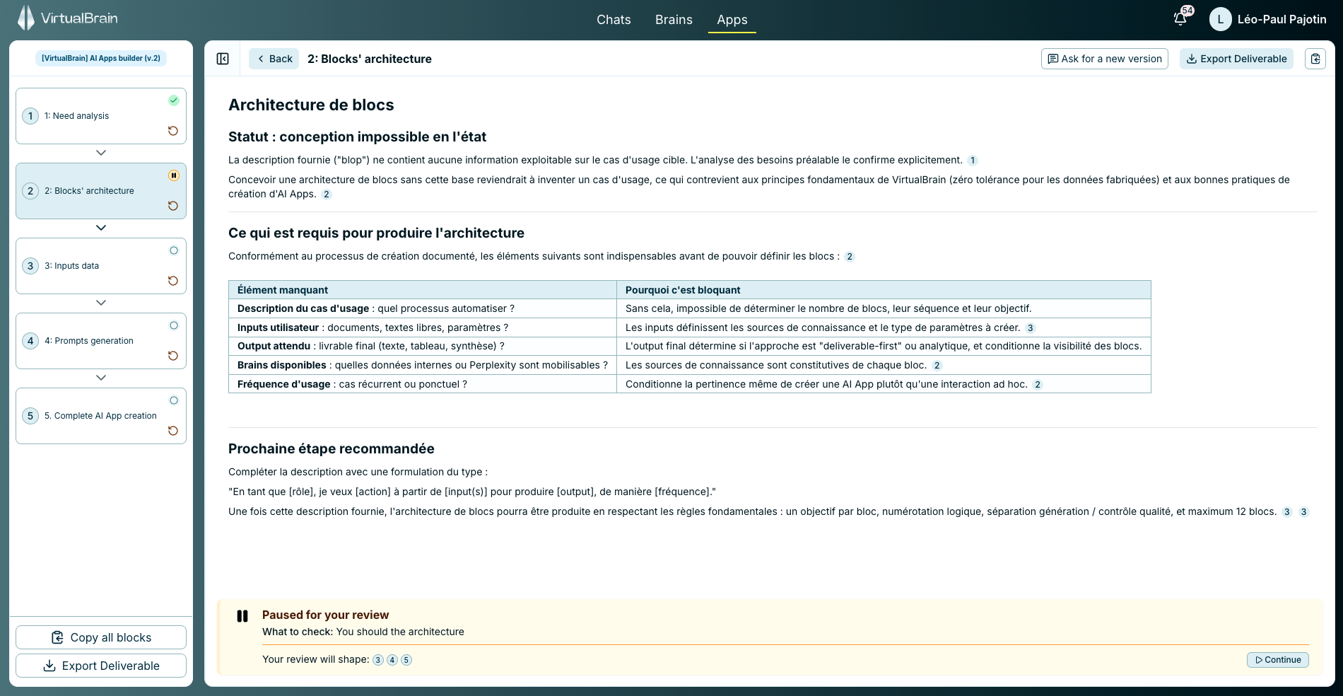 An App block paused for review, showing guidance on what to check and a Continue button that releases downstream blocks