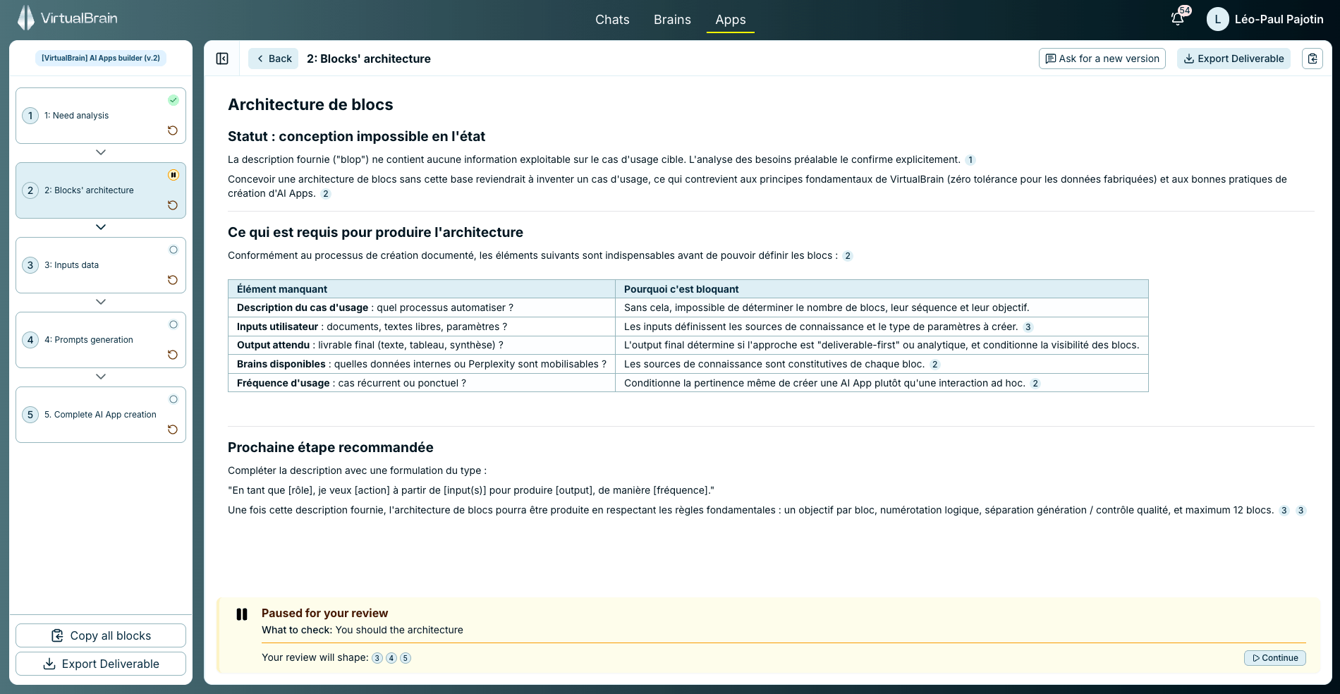 An App block paused for review, showing guidance on what to check and a Continue button that releases downstream blocks
