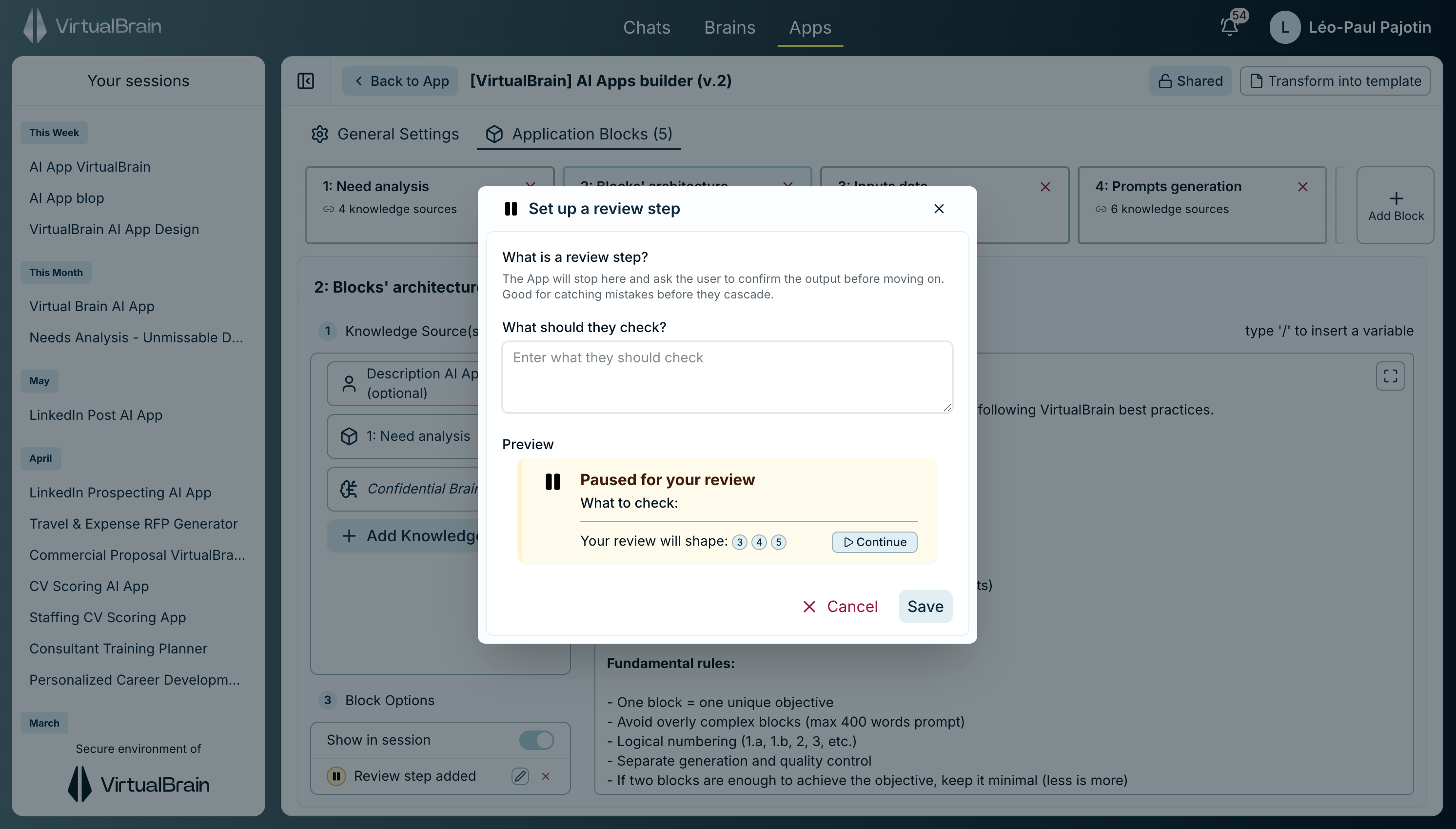 The Set up a review step panel where the author writes reviewer instructions for a block