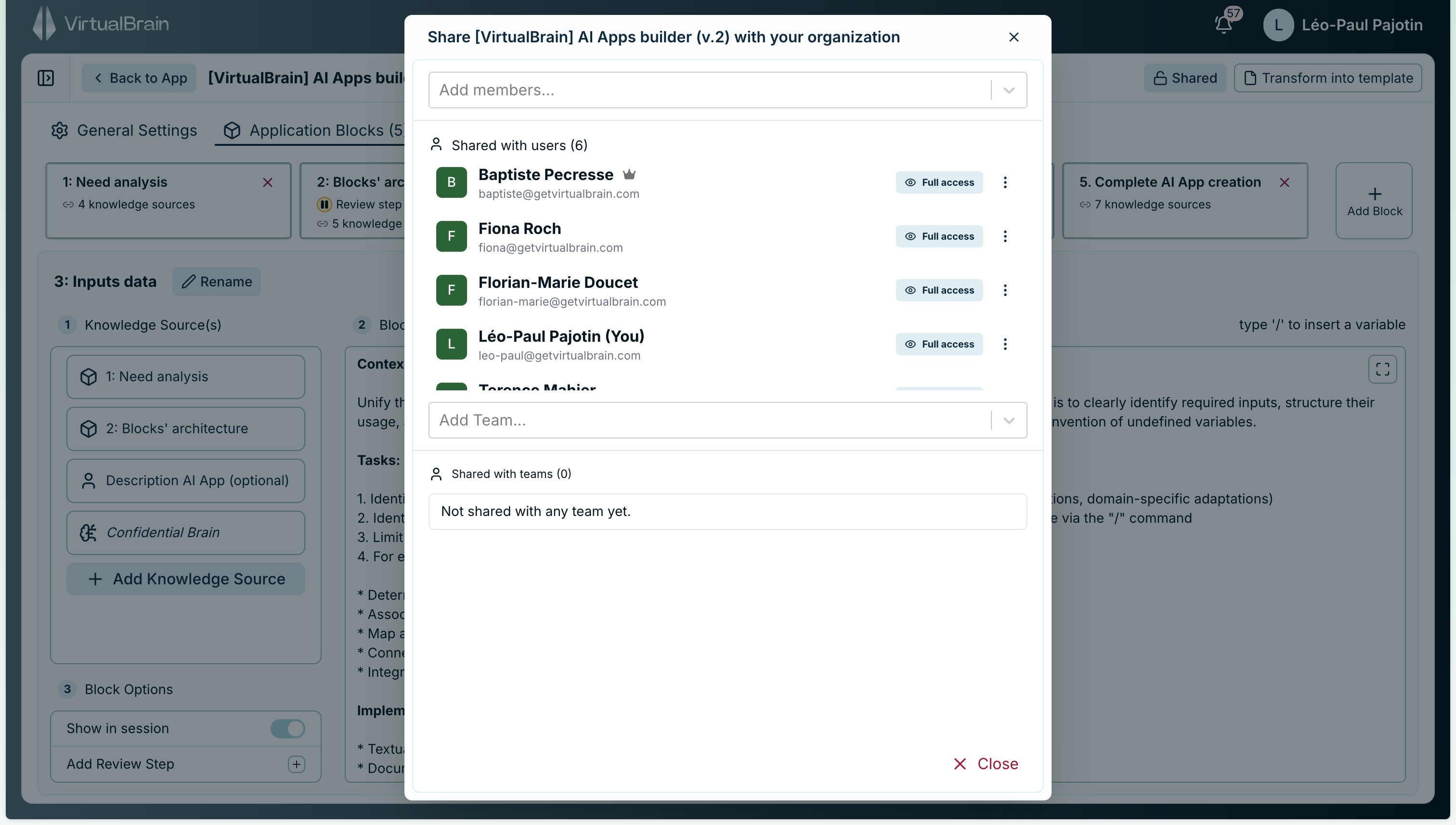 The App sharing dialog with colleagues and teams selected as recipients