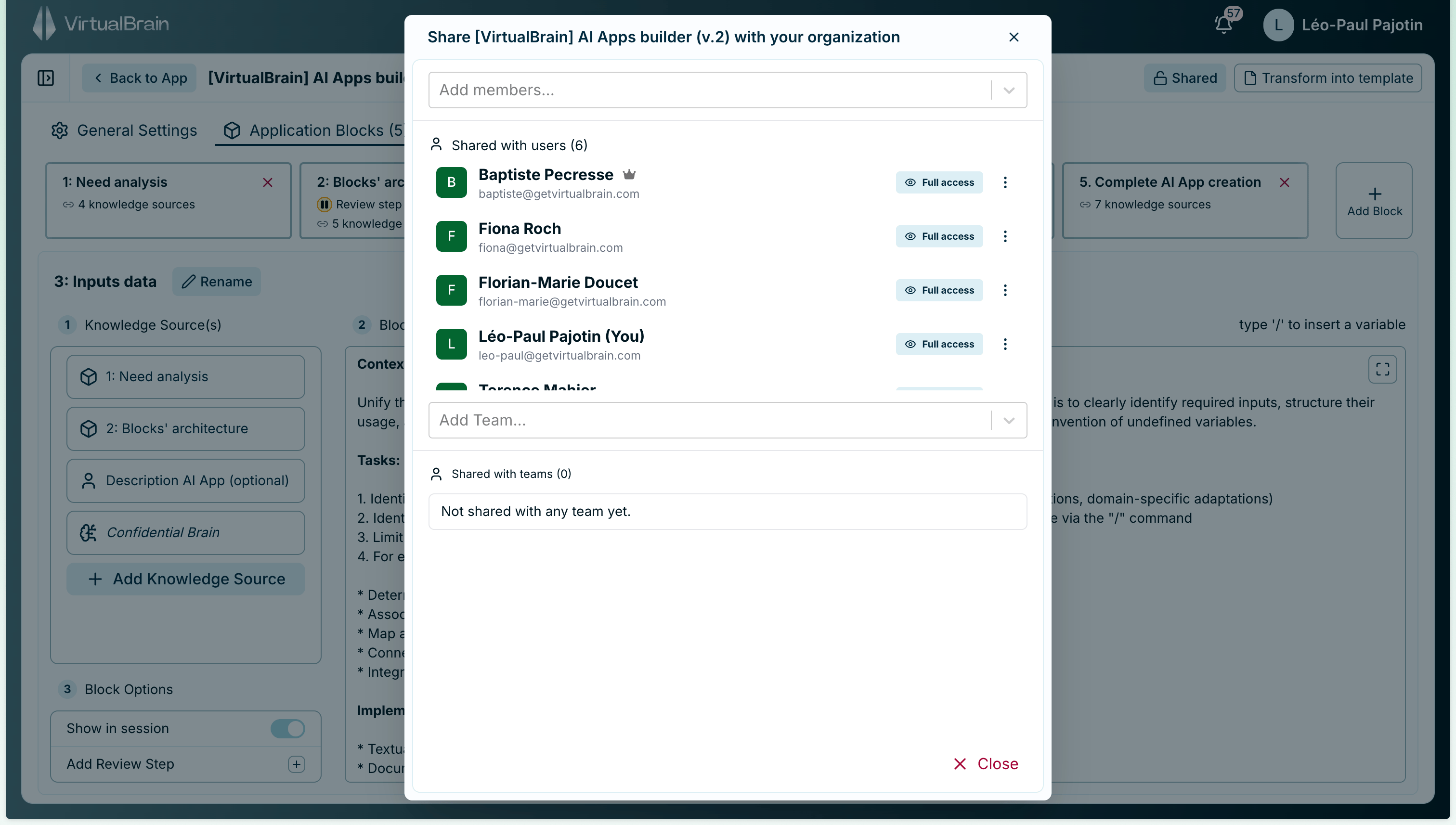 The App sharing dialog with colleagues and teams selected as recipients