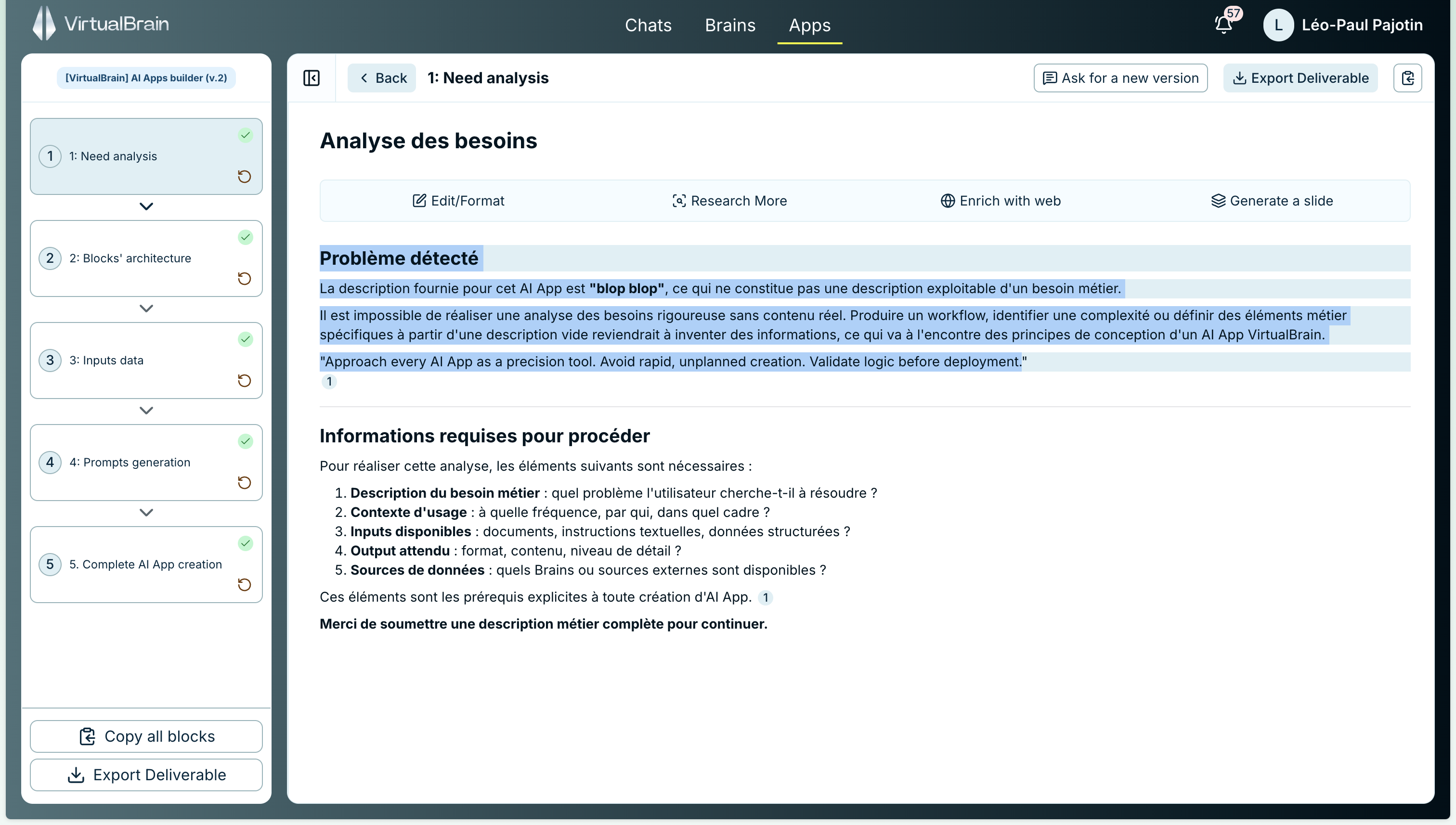 Per-passage actions on a selected section of an App block: Edit / Format, Research more, Enrich with web, and Generate a slide