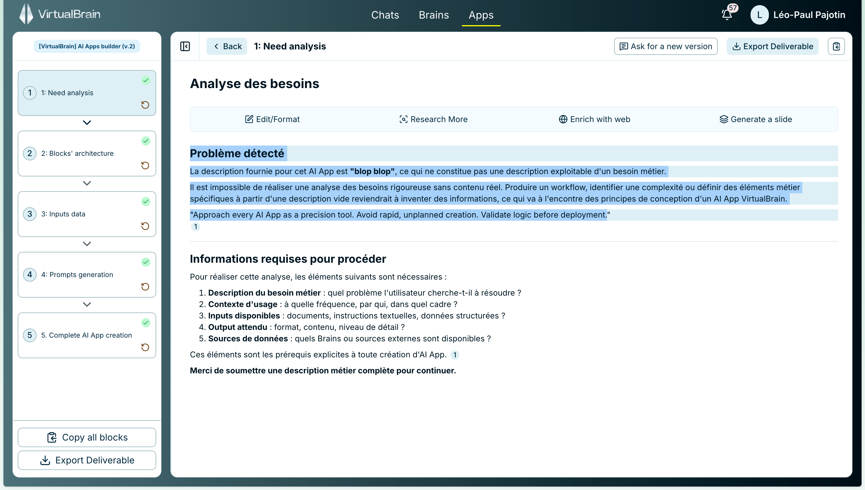 Per-passage actions on a selected section of an App block: Edit / Format, Research more, Enrich with web, and Generate a slide
