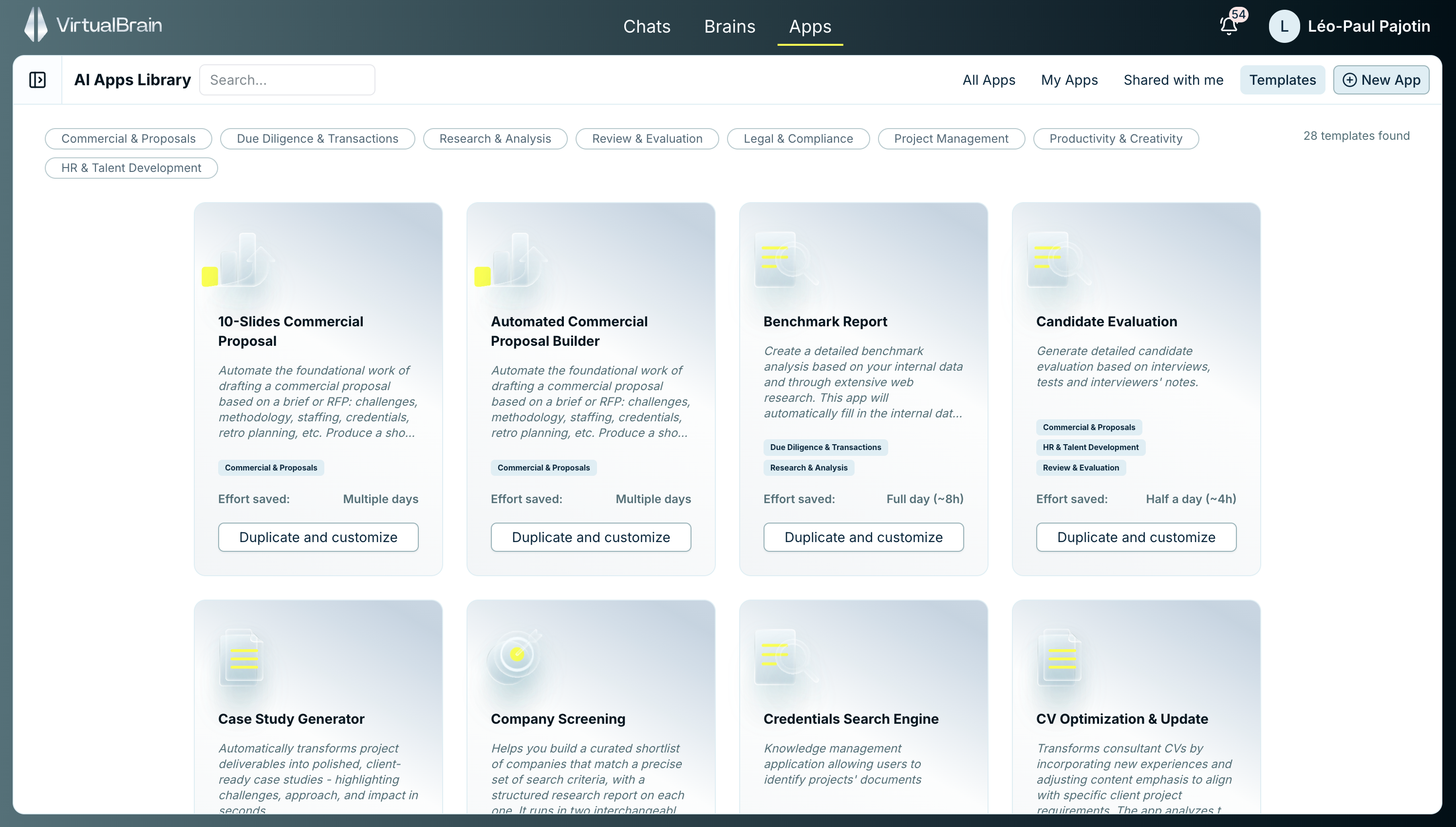 The App library with filter tabs and cards showing each App's description, sharing status, average time saved, and run duration