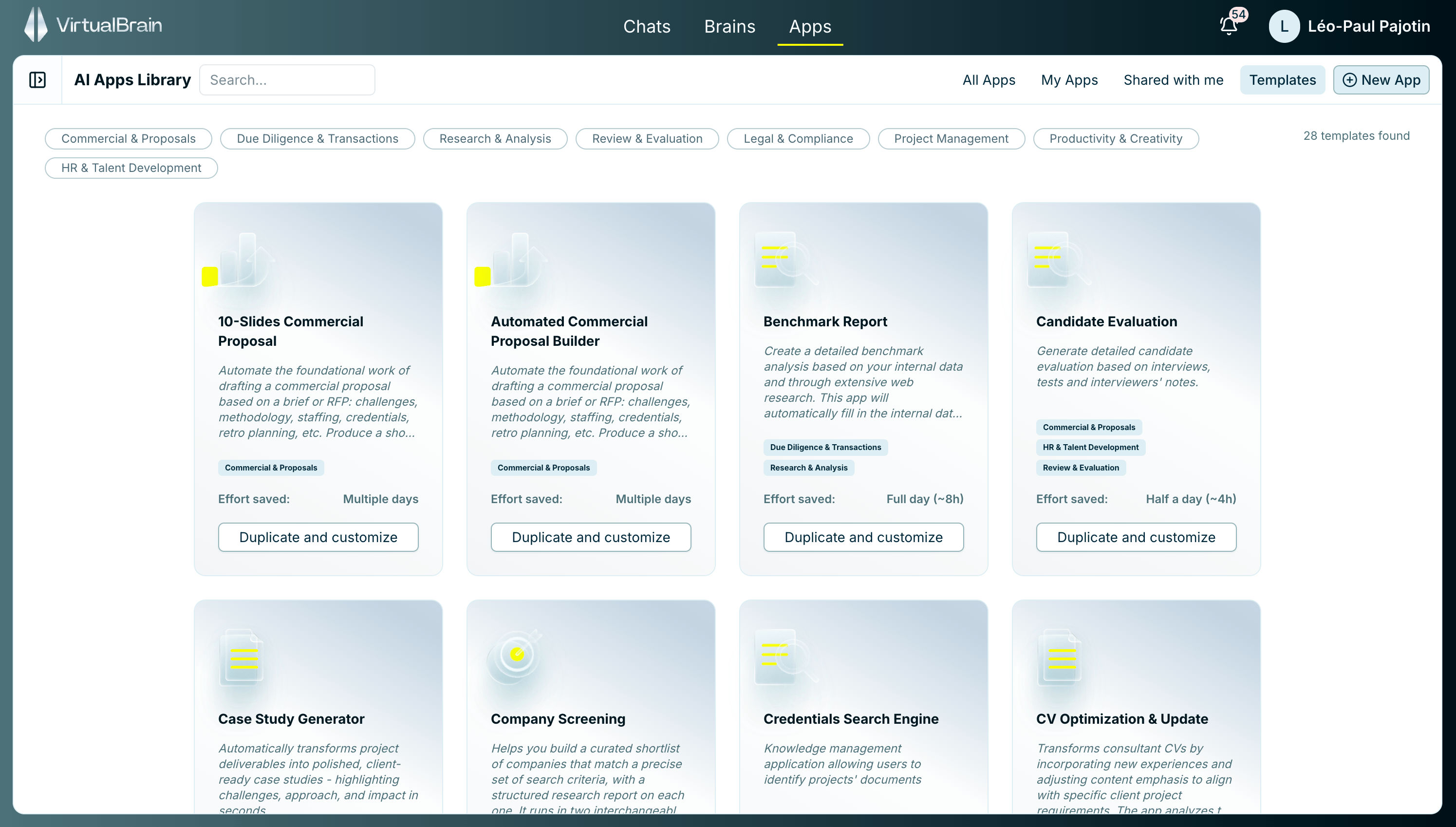 The App library with filter tabs and cards showing each App's description, sharing status, average time saved, and run duration