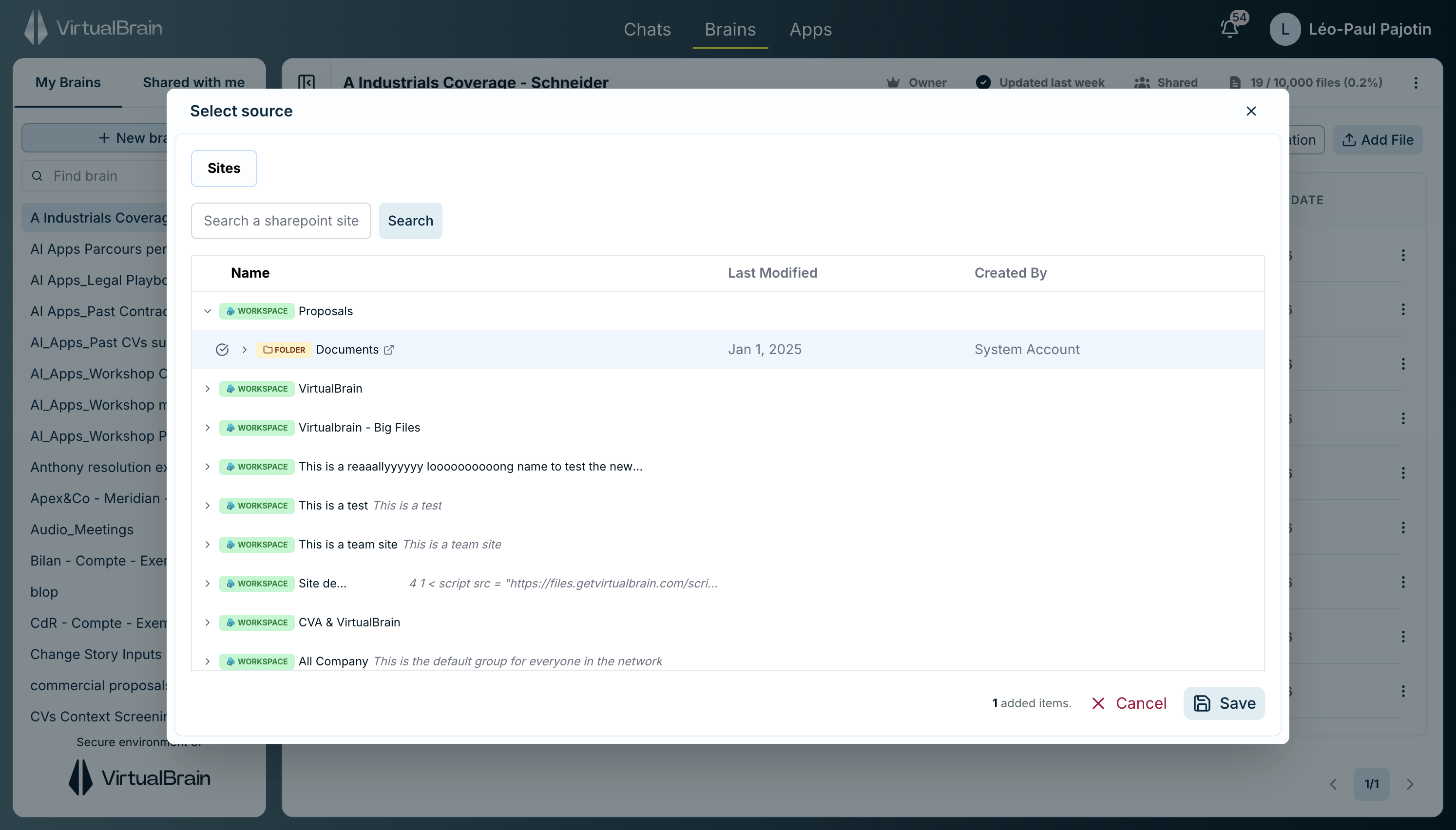 The integration source picker showing SharePoint, OneDrive, Google Drive, and Dropbox
