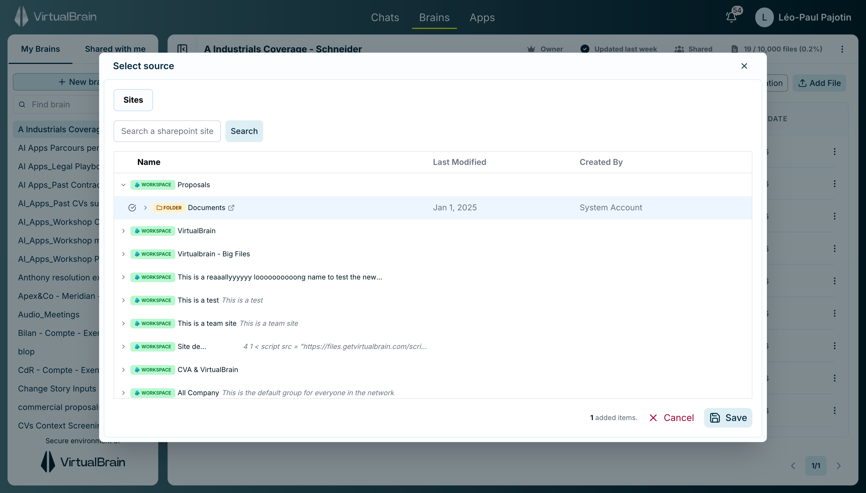 The integration source picker showing SharePoint, OneDrive, Google Drive, and Dropbox