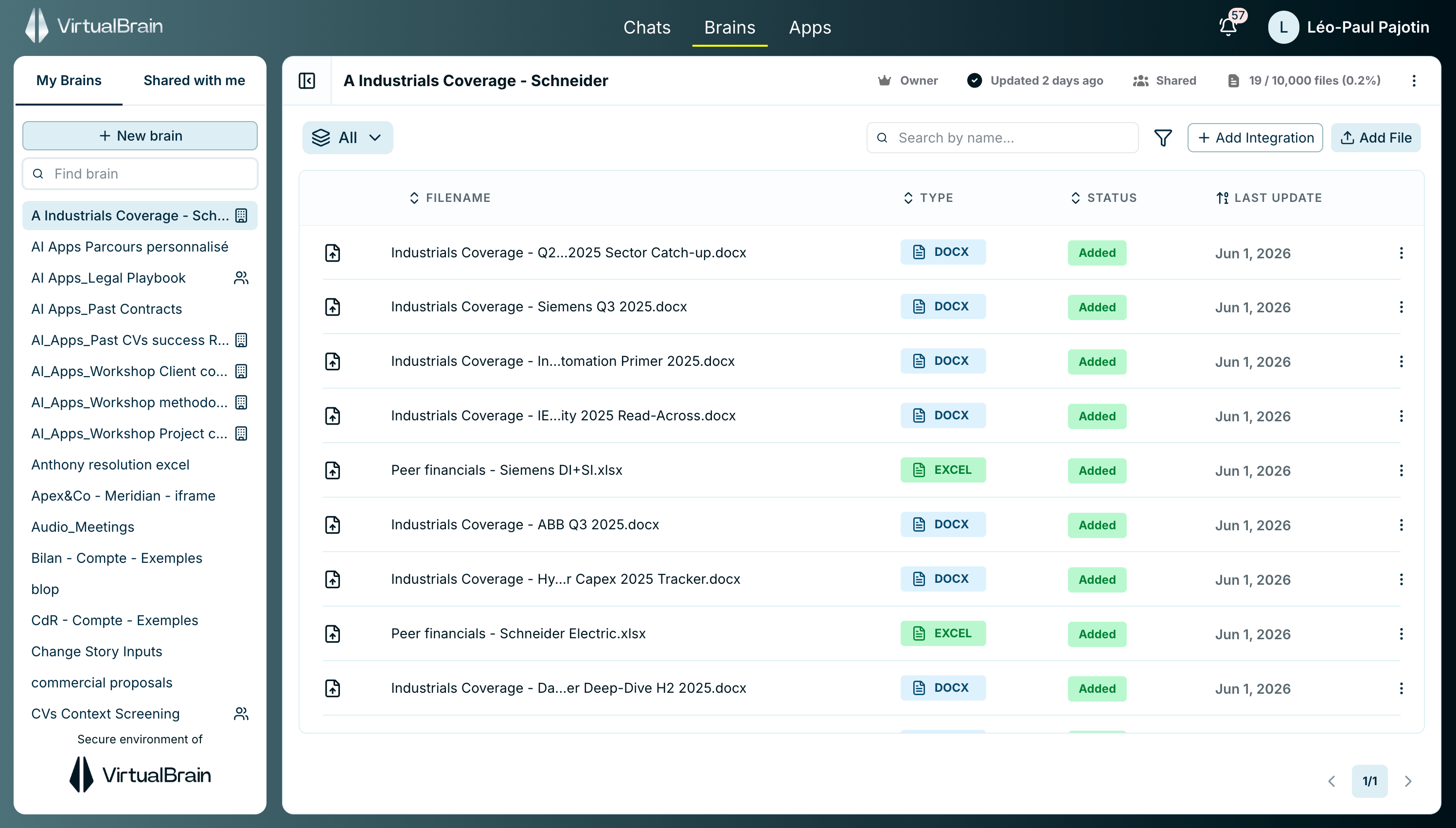 A Brain's file table listing documents with columns for file type, processing status, and last update