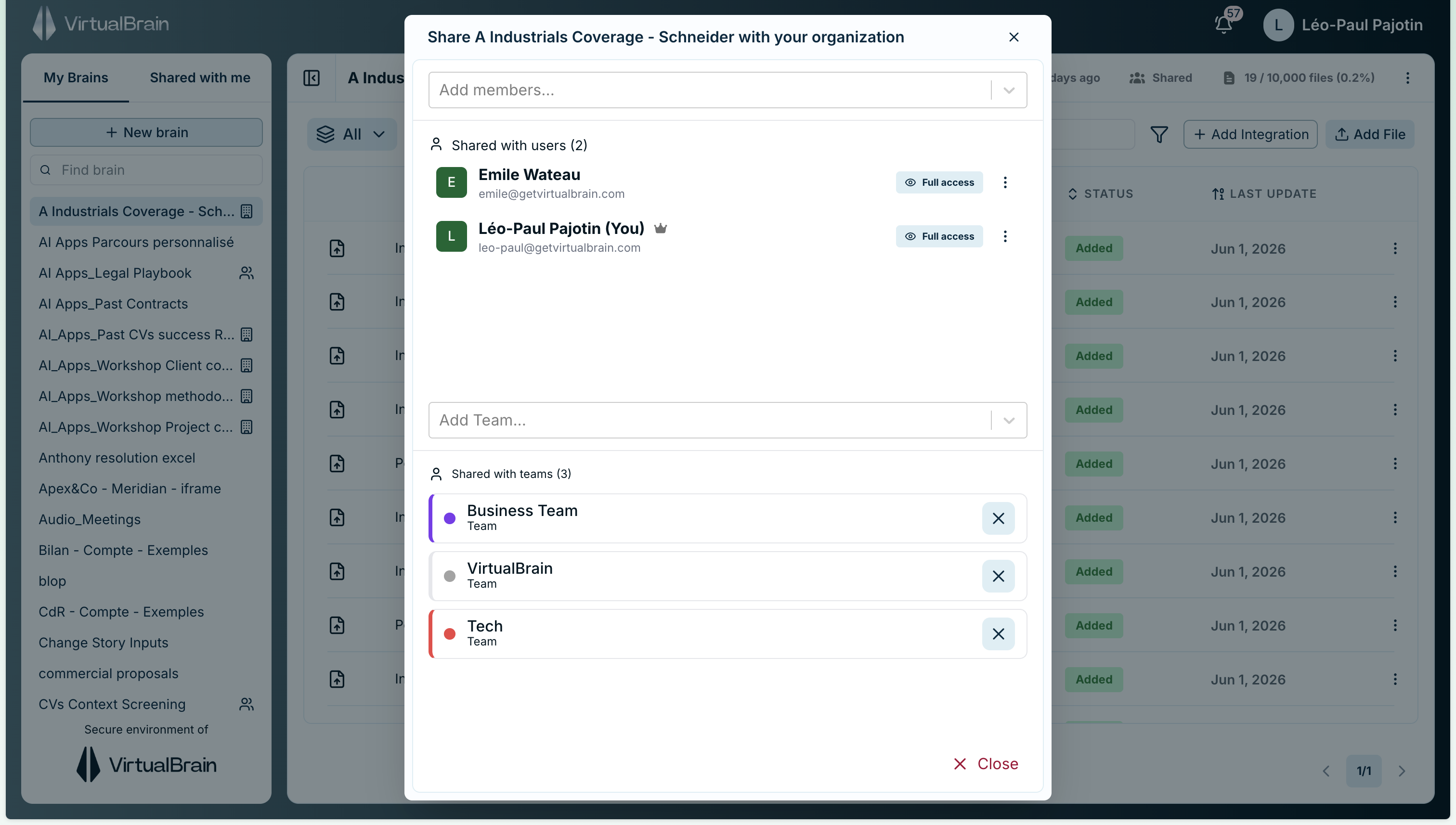 The Brain sharing dialog with the Add members field, listed members with access levels, and a crown marking the owner