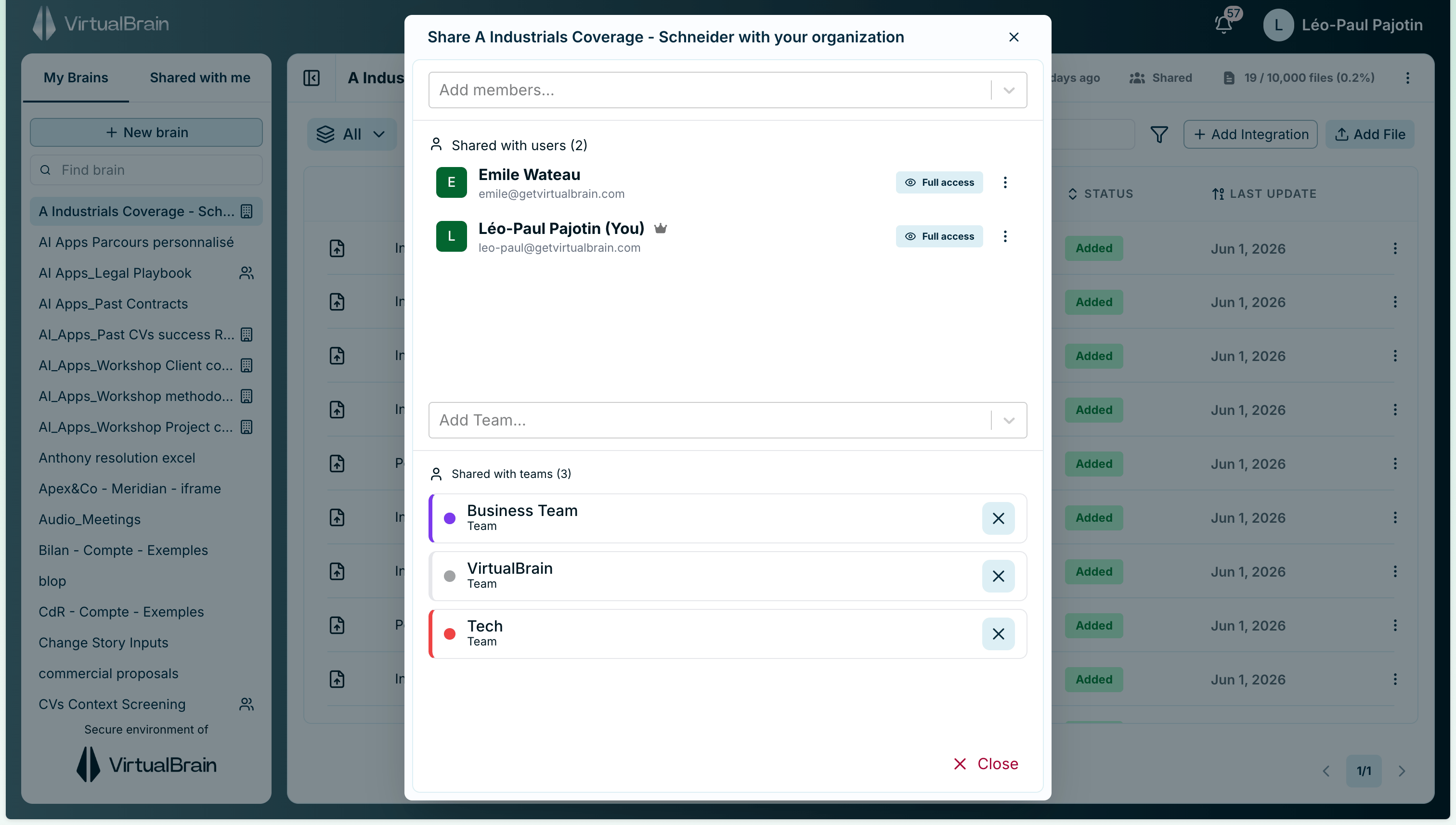 The Brain sharing dialog with the Add members field, listed members with access levels, and a crown marking the owner