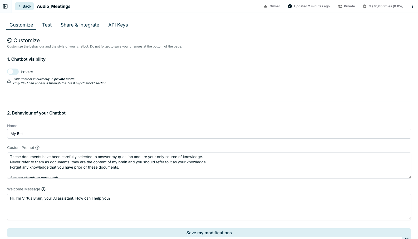 The chatbot configuration screen showing customization options and the four configuration tabs