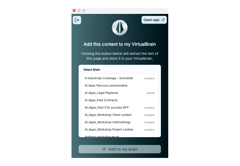 The VirtualBrain browser extension popup with a Brain selector and capture action