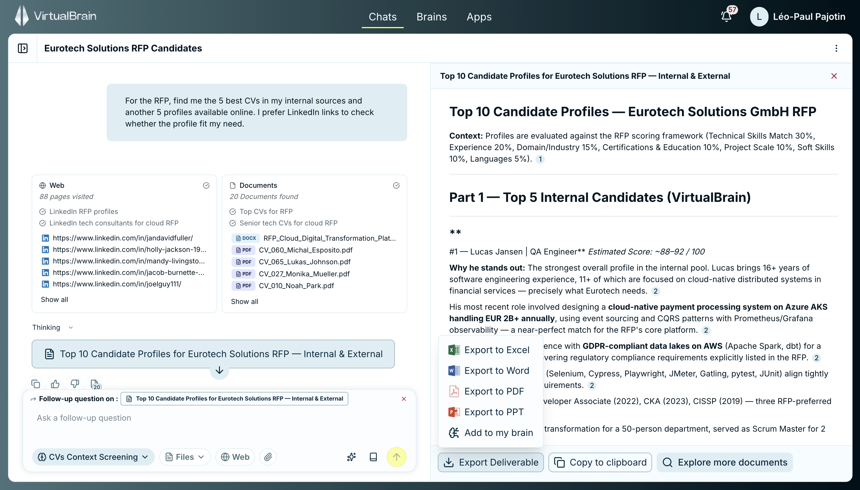 Export options for a deliverable, including Word, PDF, Excel, and PowerPoint formats