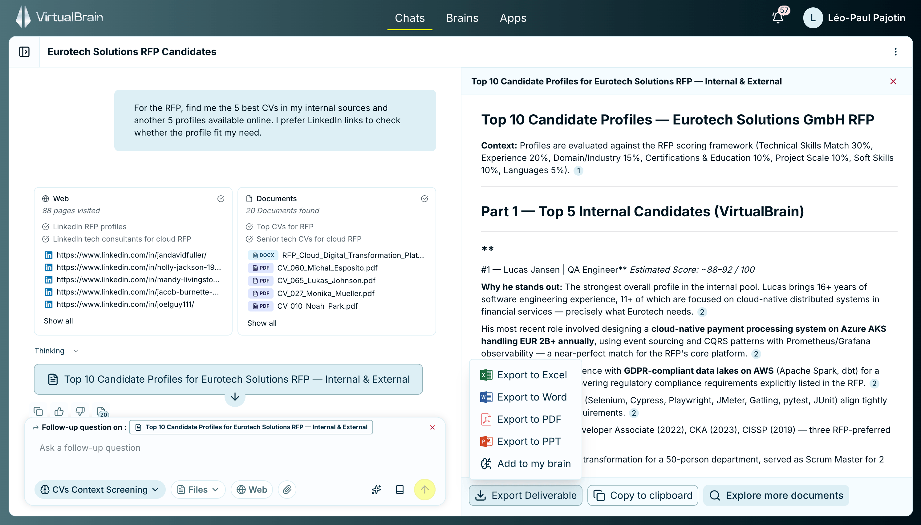 Export options for a deliverable, including Word, PDF, Excel, and PowerPoint formats