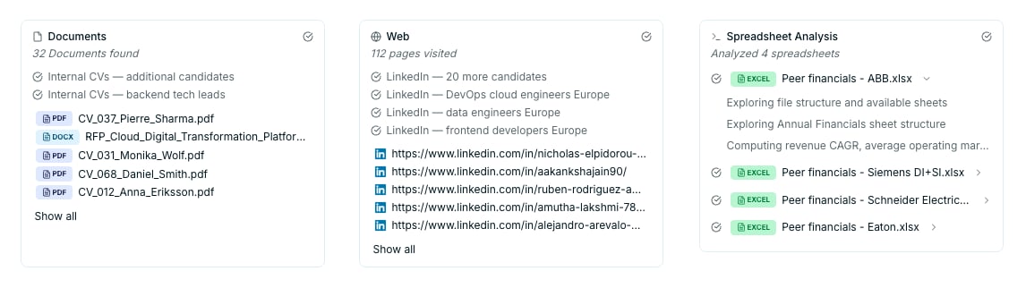 Research cards in a chat showing document retrieval, web search, and spreadsheet analysis steps before the answer