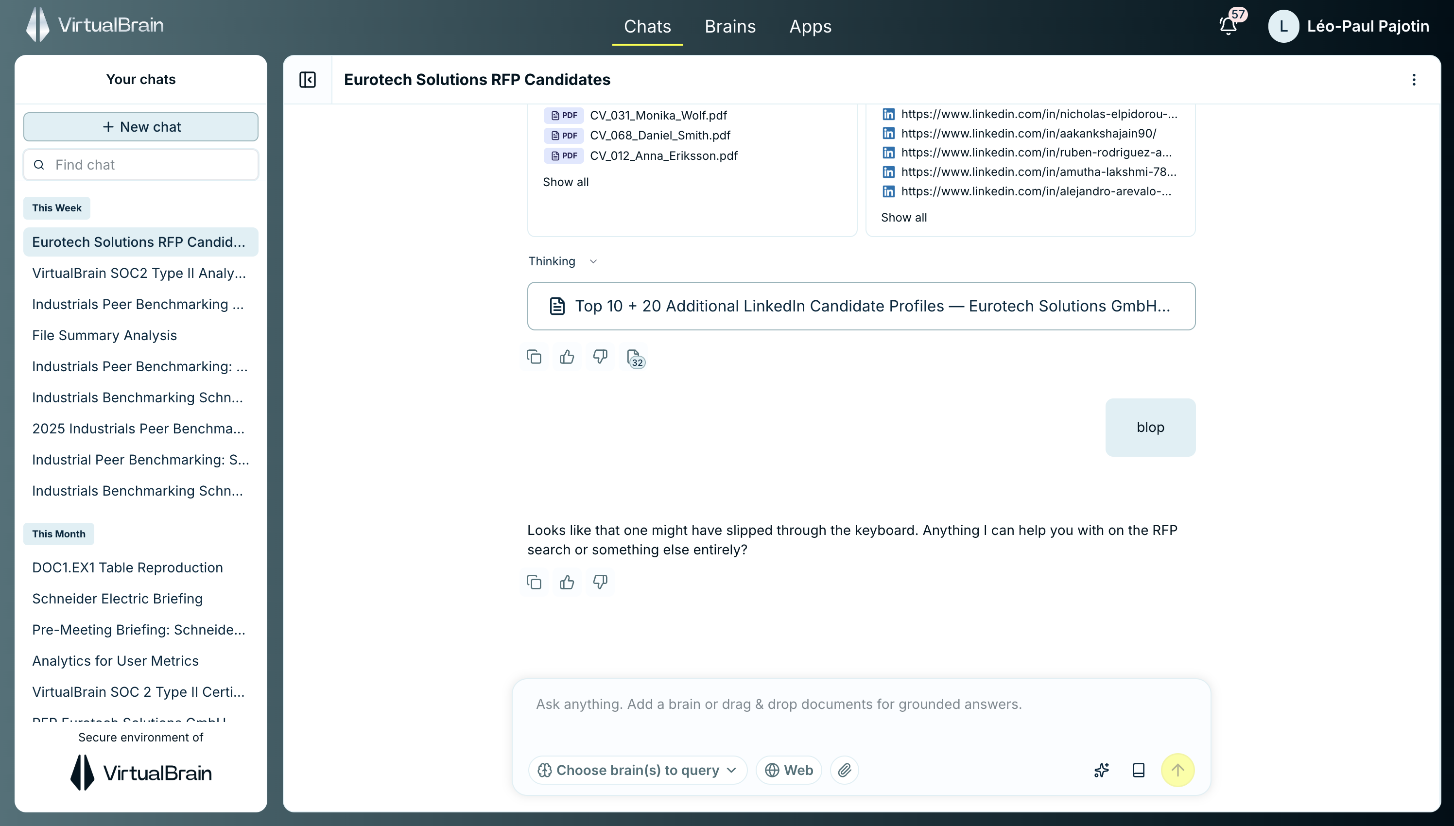 The VirtualBrain workspace showing the top navigation with Chats, Brains, and Apps, the contextual sidebar, and the chat input bar