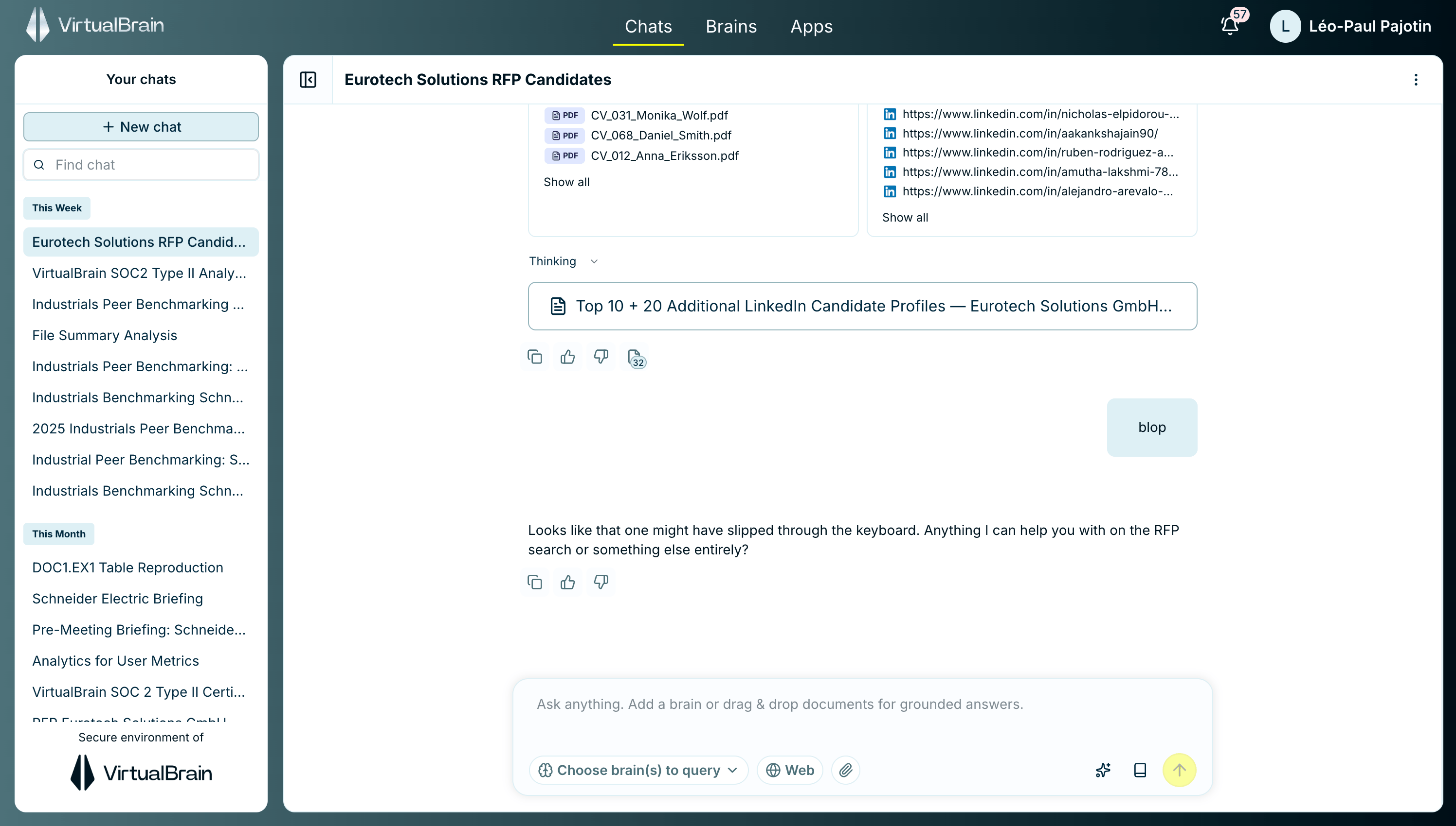 The VirtualBrain workspace showing the top navigation with Chats, Brains, and Apps, the contextual sidebar, and the chat input bar