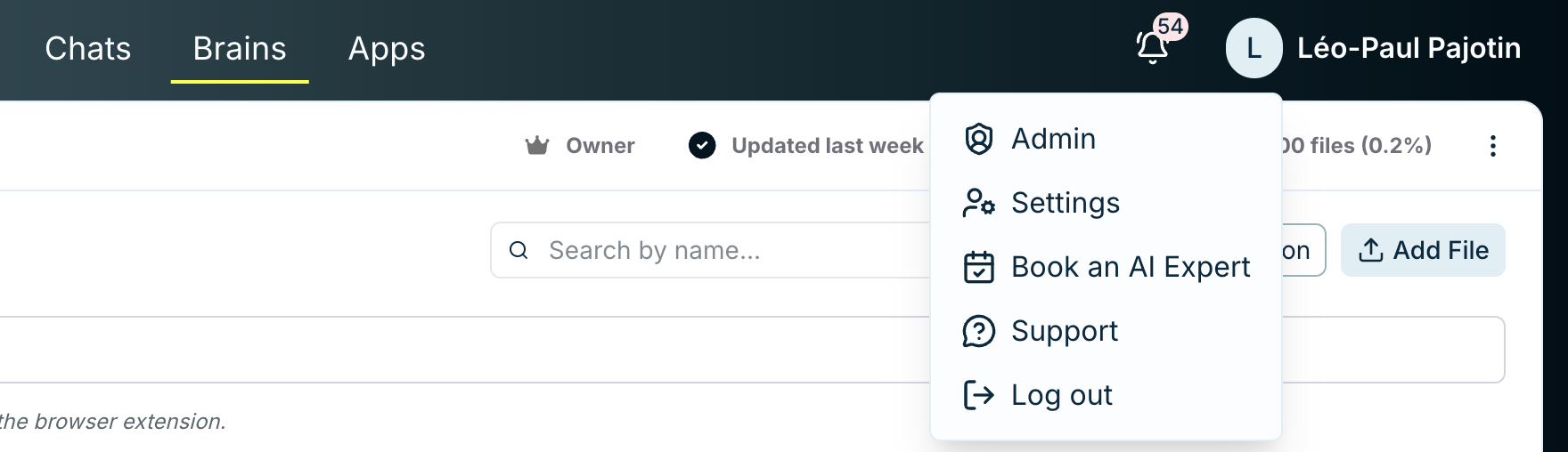 The account menu opened from the user's name in the top-right, listing Admin, Settings, Book an AI Expert, Support, and Log out