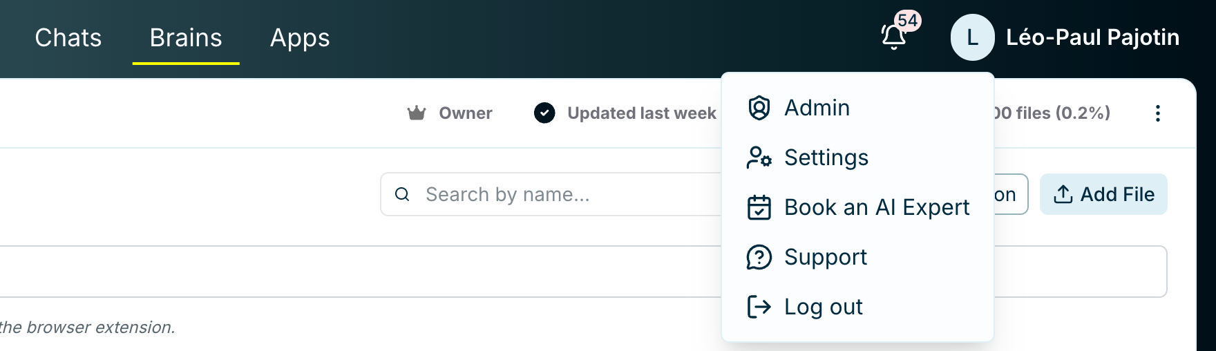 The account menu opened from the user's name in the top-right, listing Admin, Settings, Book an AI Expert, Support, and Log out