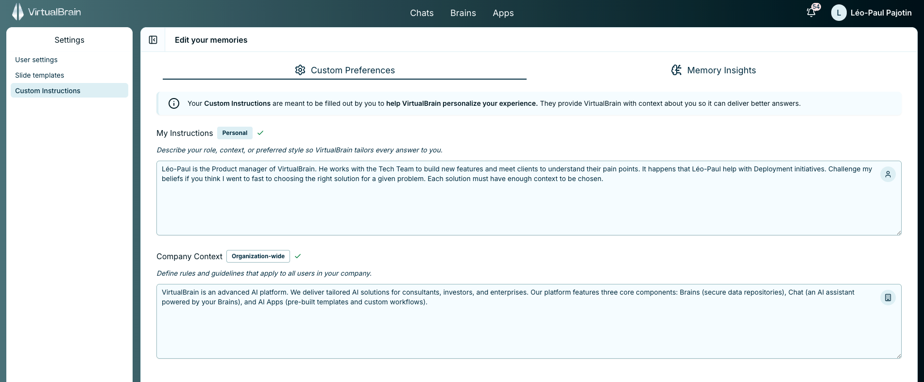 The Custom Instructions settings, showing the personal My Instructions field and the organization-wide Company Context field