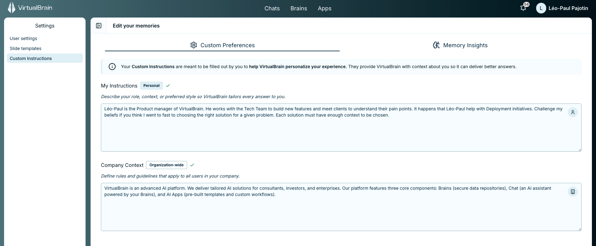 The Custom Instructions settings, showing the personal My Instructions field and the organization-wide Company Context field