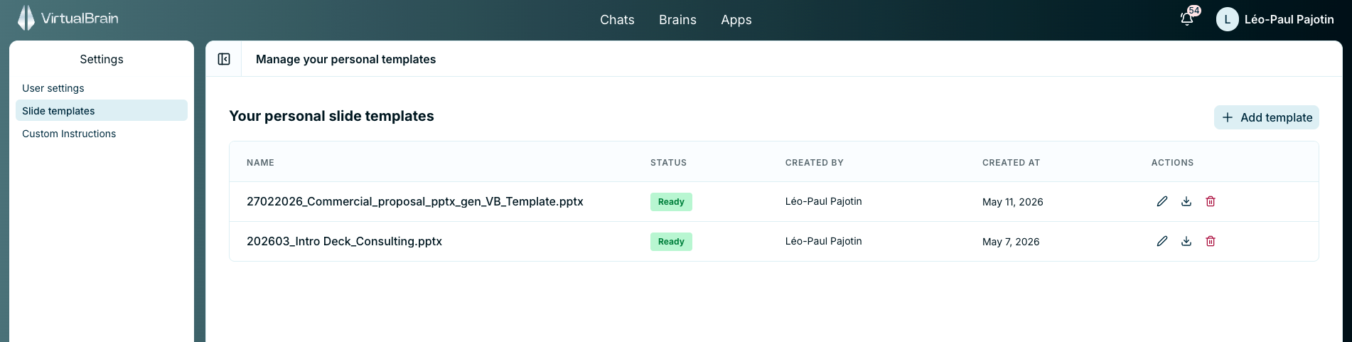 The personal slide templates section in Settings, showing an uploaded PowerPoint deck ready to generate slides from