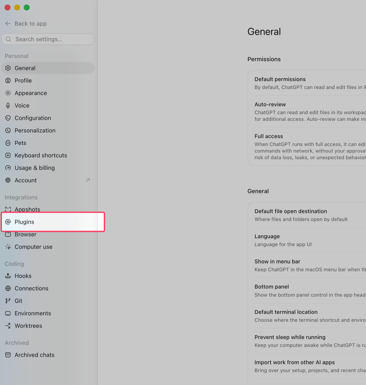 ChatGPT Settings with the Plugins item highlighted under Integrations in the left sidebar.