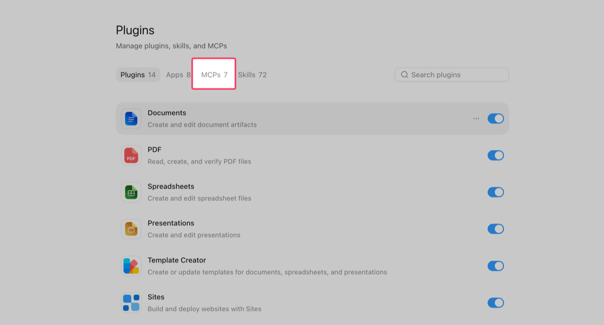 The Plugins screen in ChatGPT with the MCPs tab highlighted.